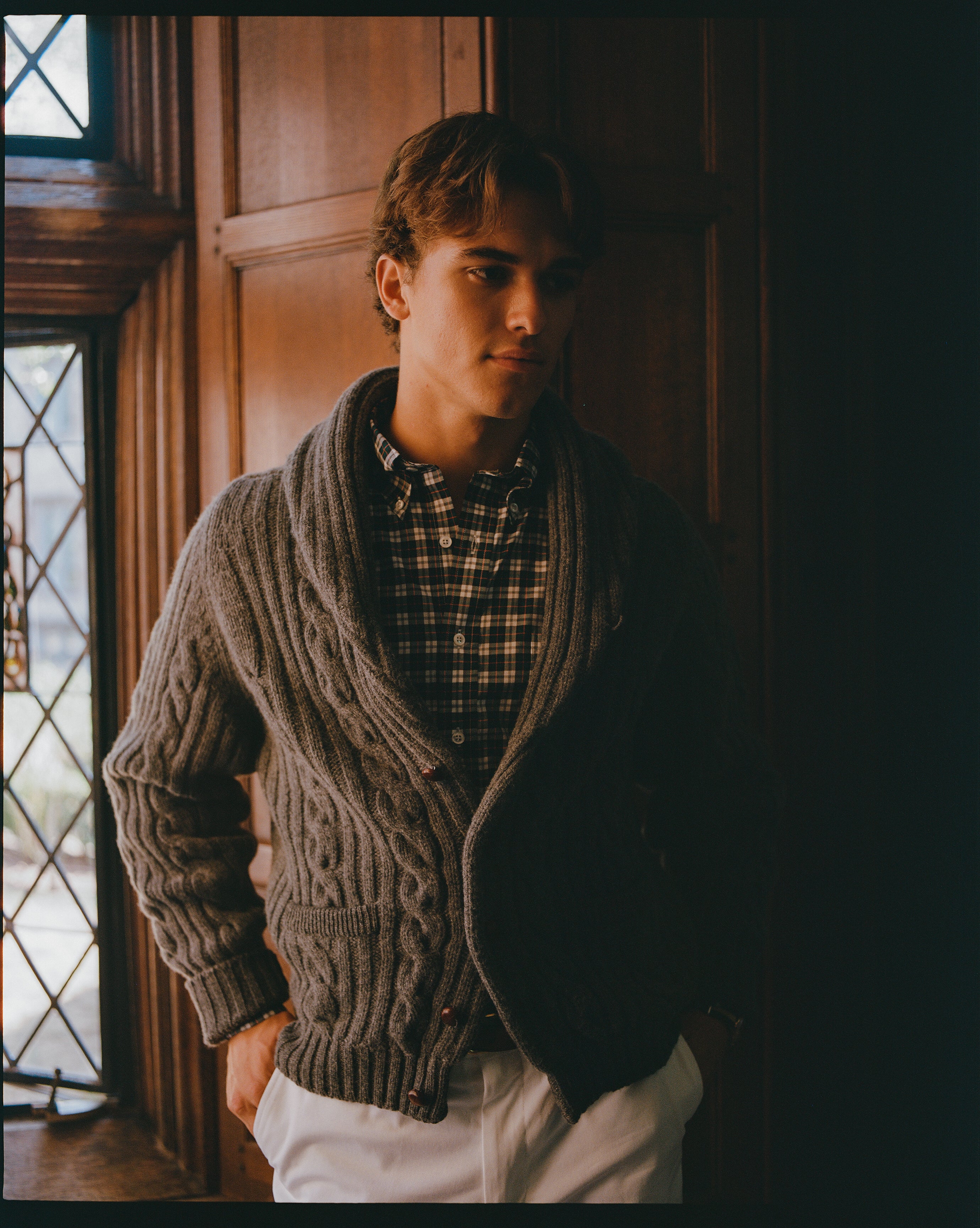 Made-in-Scotland Brown Shawl Collar Cable Knit Cardigan