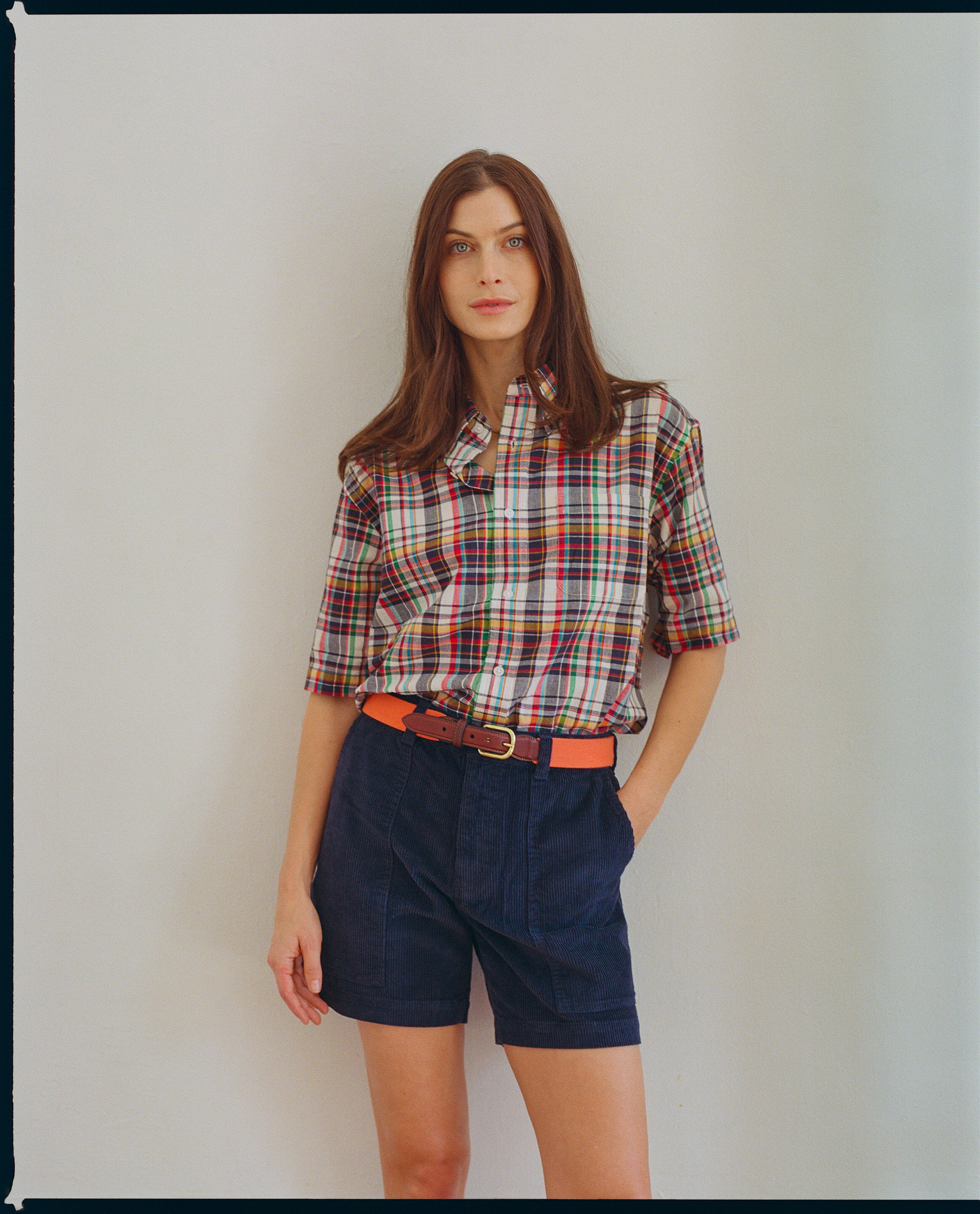 Navy, Red & Gold Madras Button Down Short Sleeve Shirt - Classic Fit