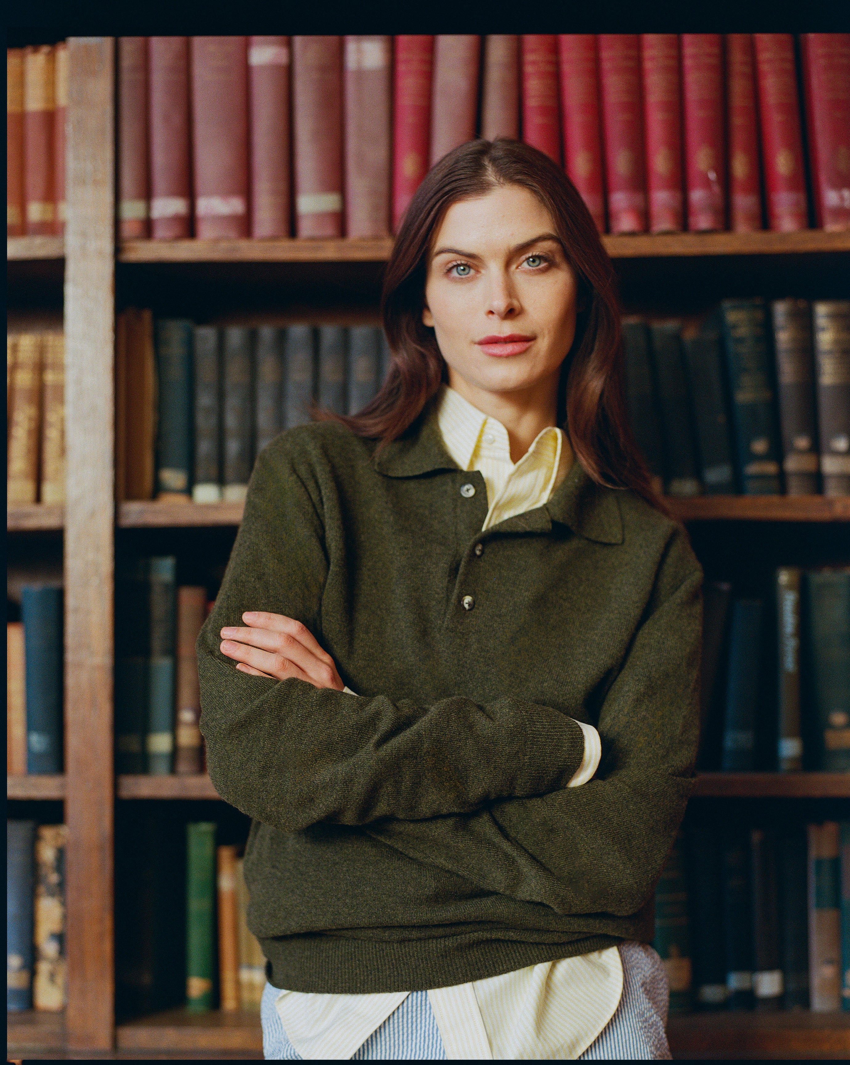 Made-in-Italy Loden Green Cashmere Long Sleeve Polo