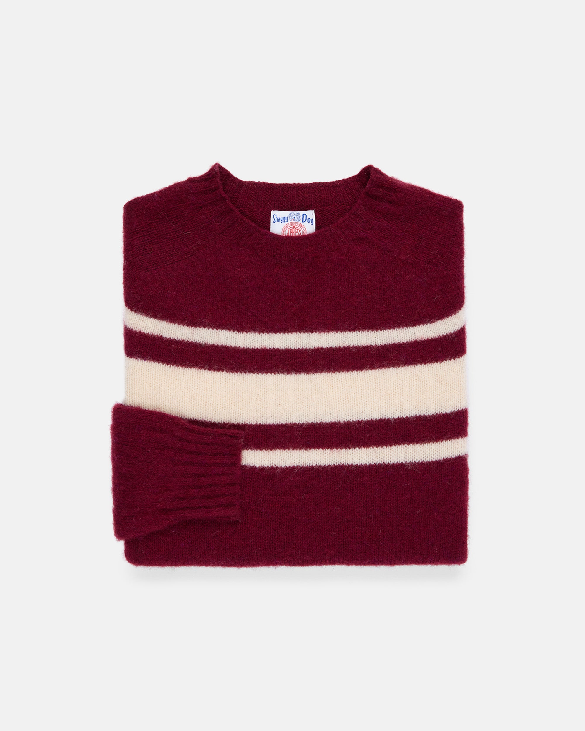Made-in-Scotland Burgundy Chest Stripe Shaggy Dog Sweater - Trim Fit