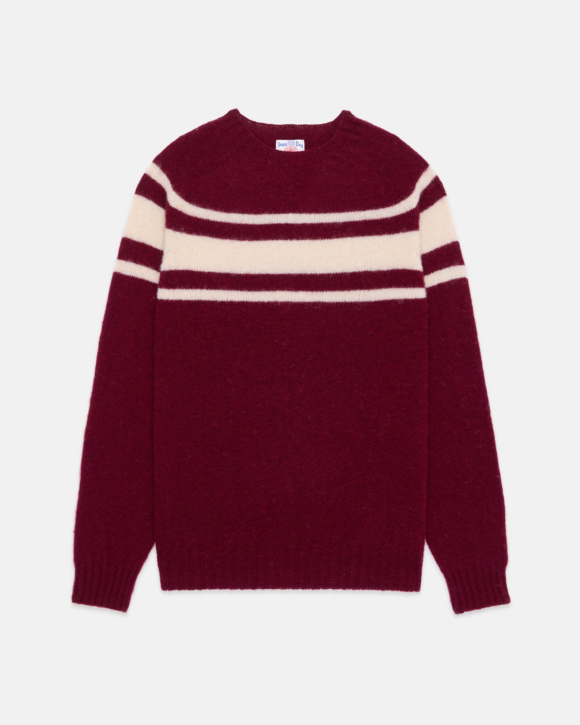 Made-in-Scotland Burgundy Chest Stripe Shaggy Dog Sweater - Trim Fit