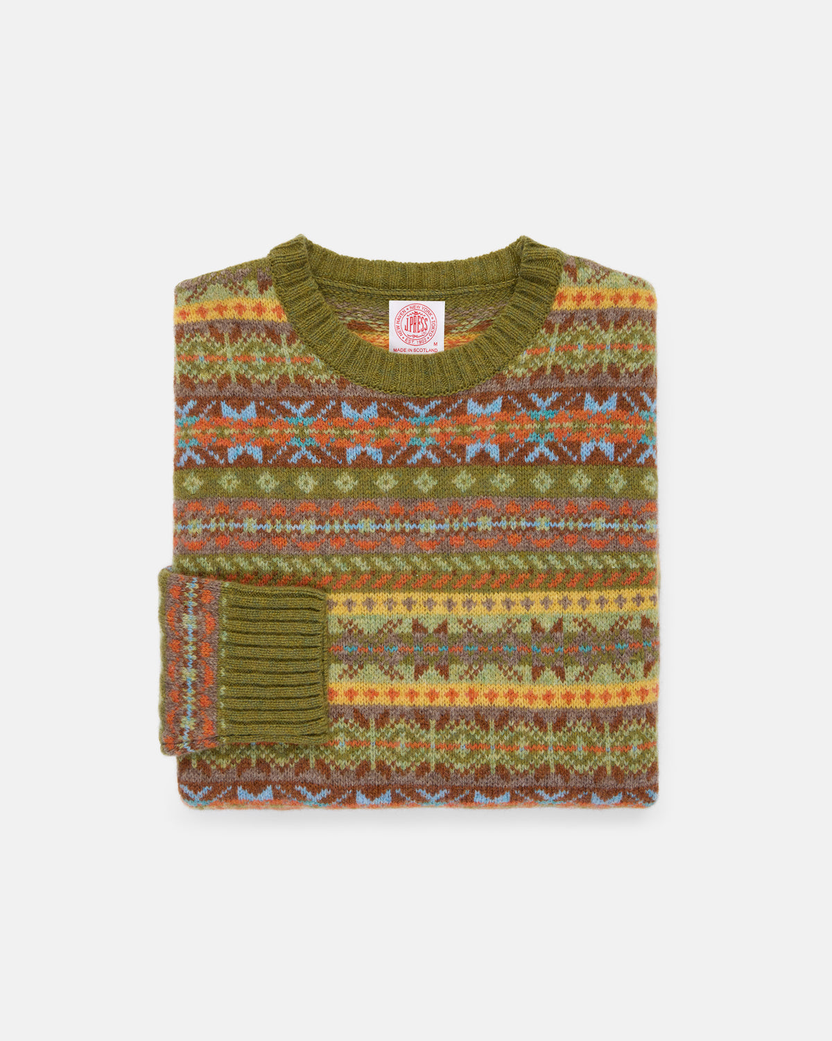 Made-in-Scotland Light Green Fair Isle Crew Neck Sweater