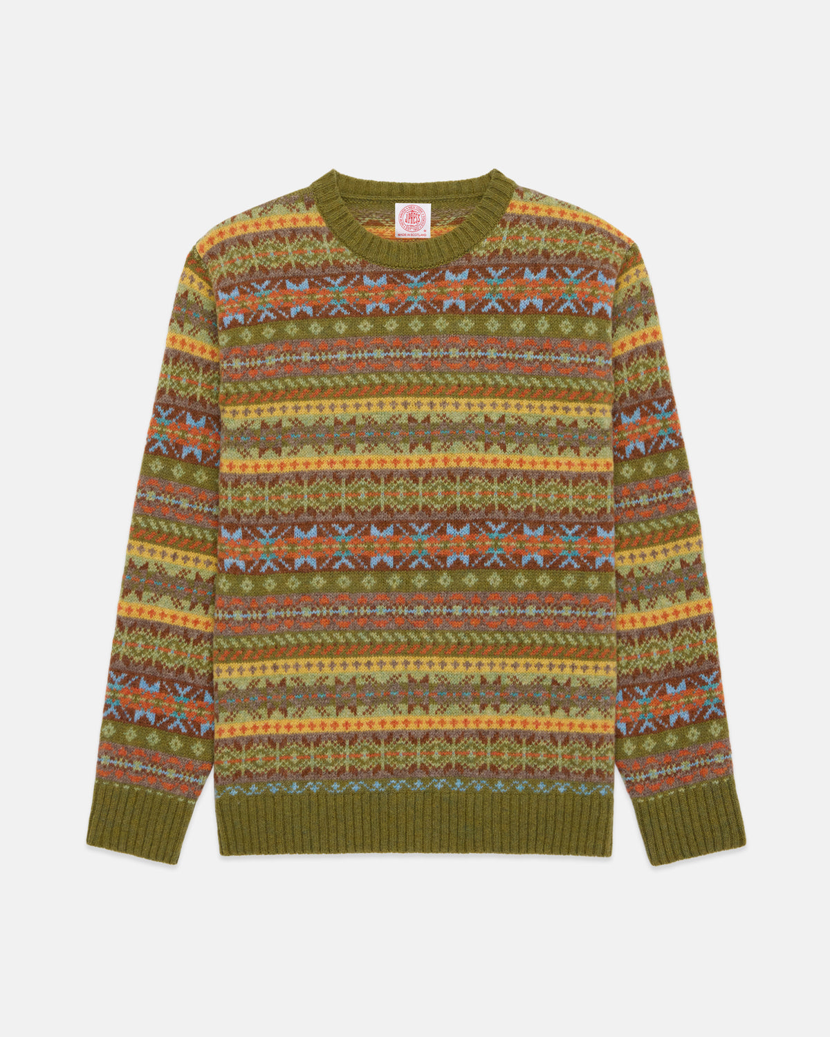 Made-in-Scotland Light Green Fair Isle Crew Neck Sweater
