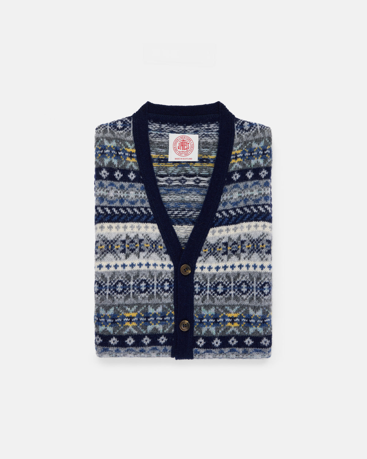 Made-in-Scotland Navy Fair Isle Cardigan Vest - Trim Fit