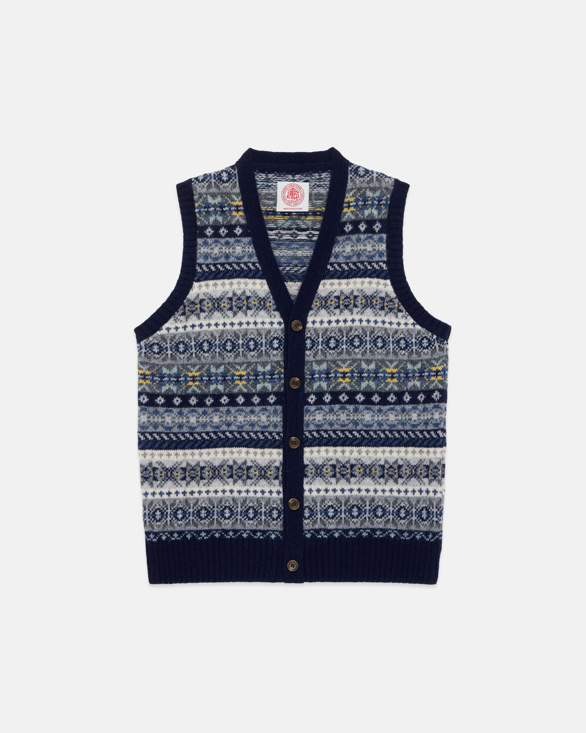 Made-in-Scotland Navy Fair Isle Cardigan Vest - Trim Fit