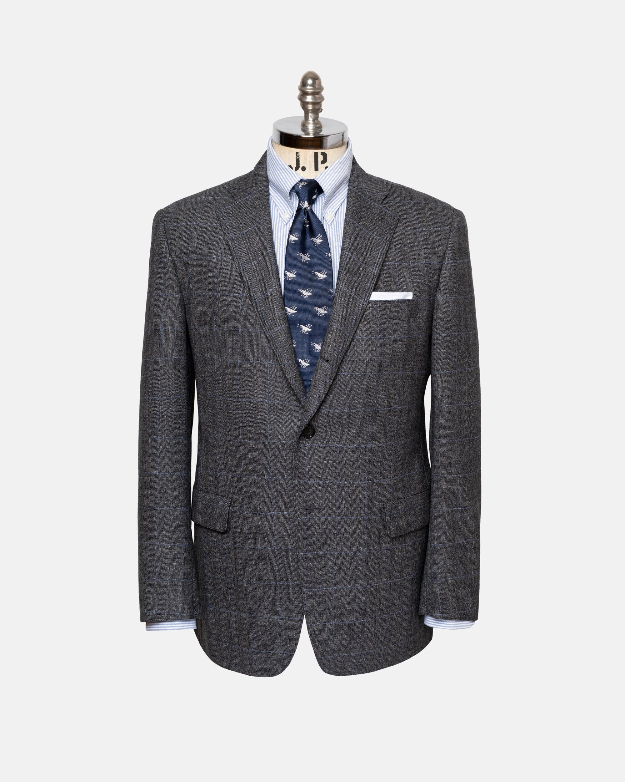 Made-in-USA Light Grey & Blue Herringbone with Window Pane Wool Suit