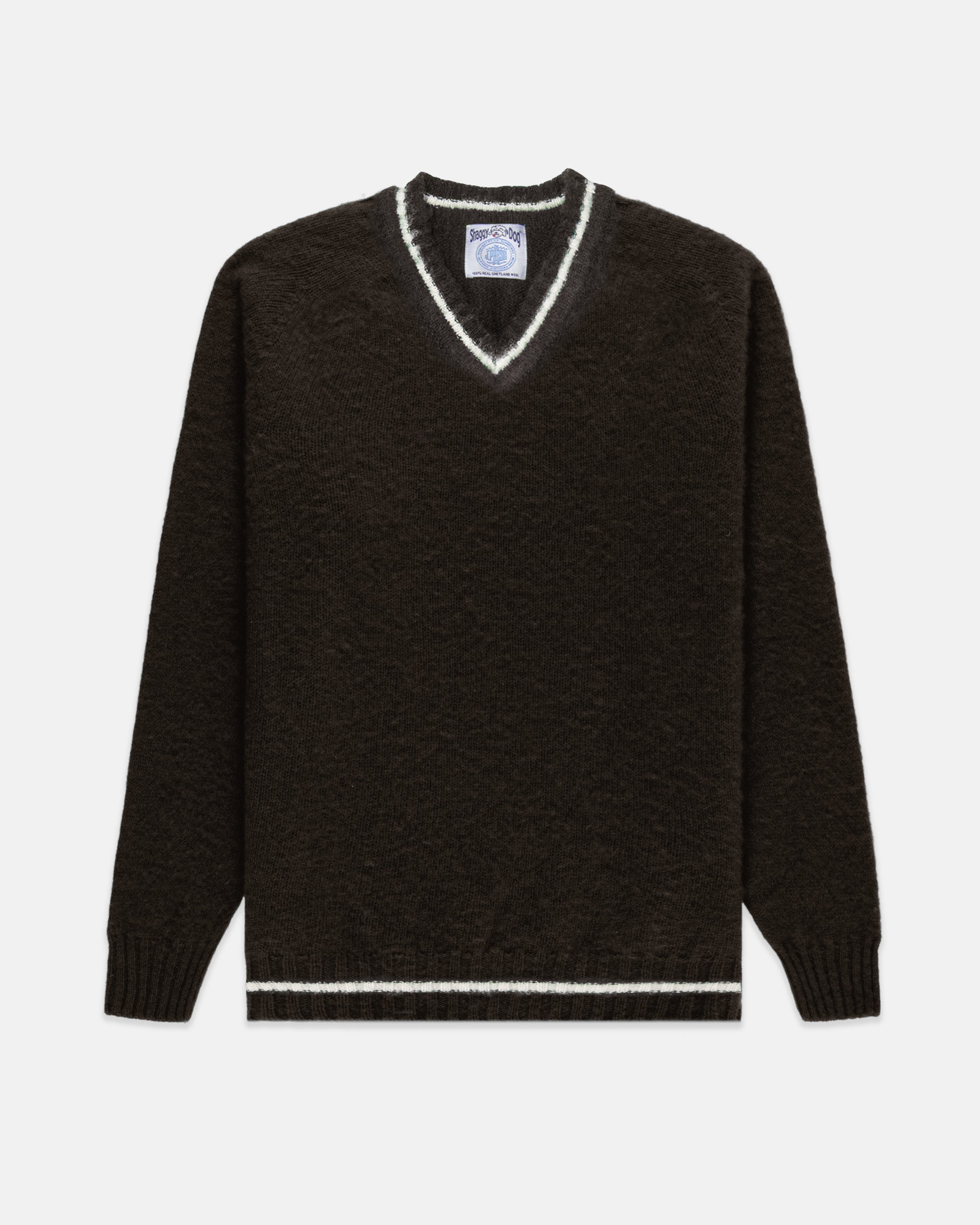 Made-in-Scotland Brown Shaggy Dog V-Neck Sweater - Trim Fit