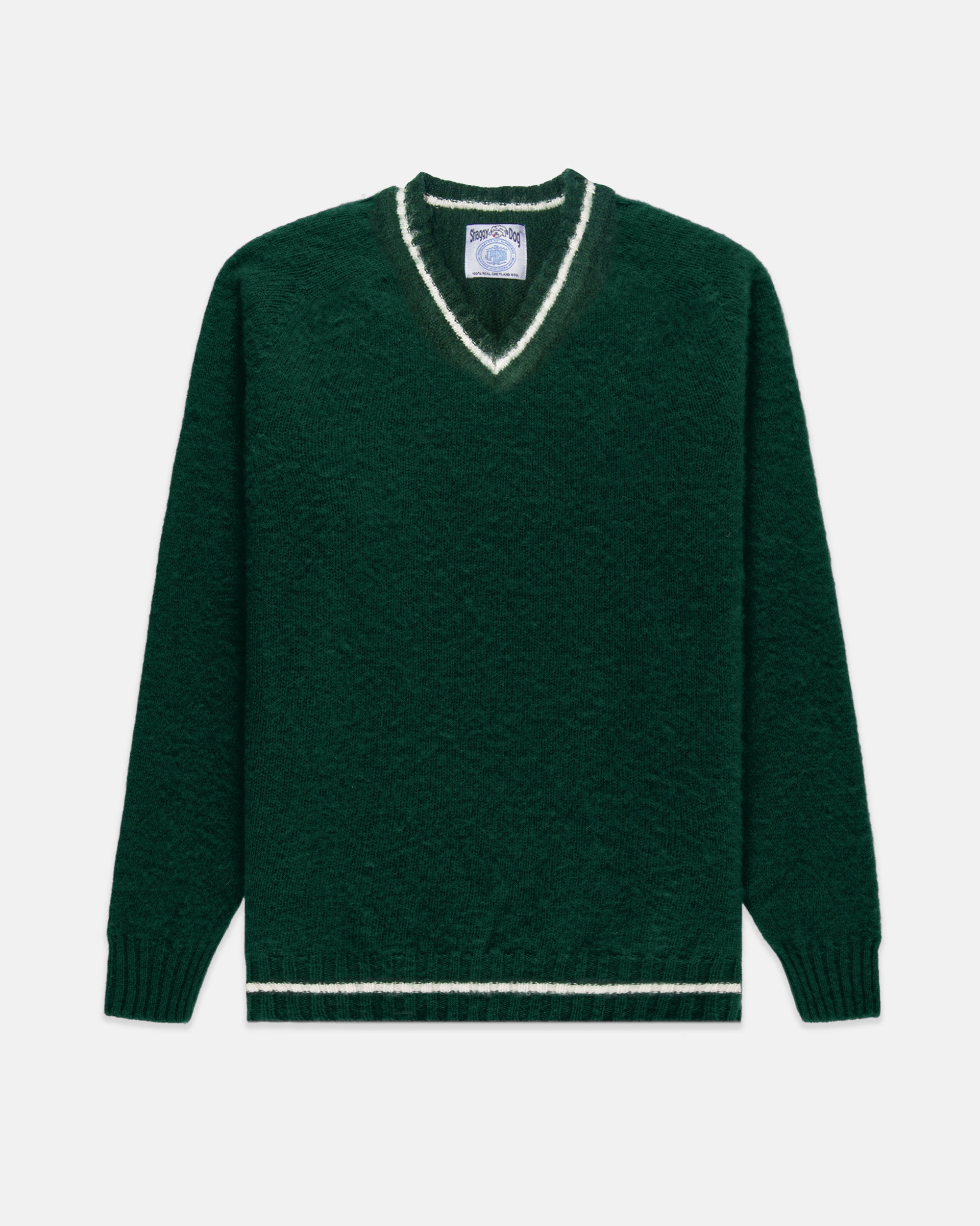 Made-in-Scotland Green Shaggy Dog V-Neck Sweater - Trim Fit