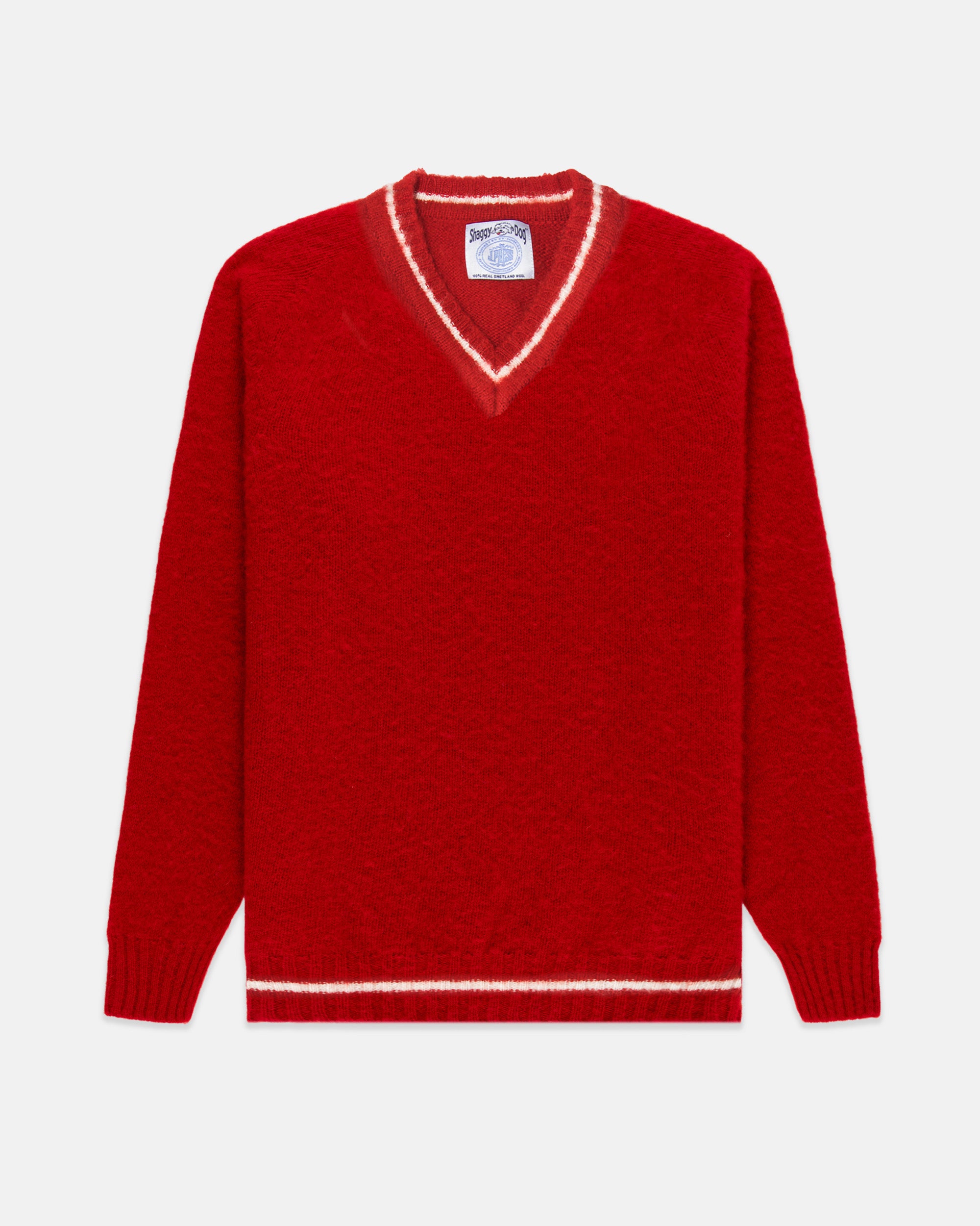 Made-in-Scotland Red Shaggy Dog V-Neck Sweater - Trim Fit