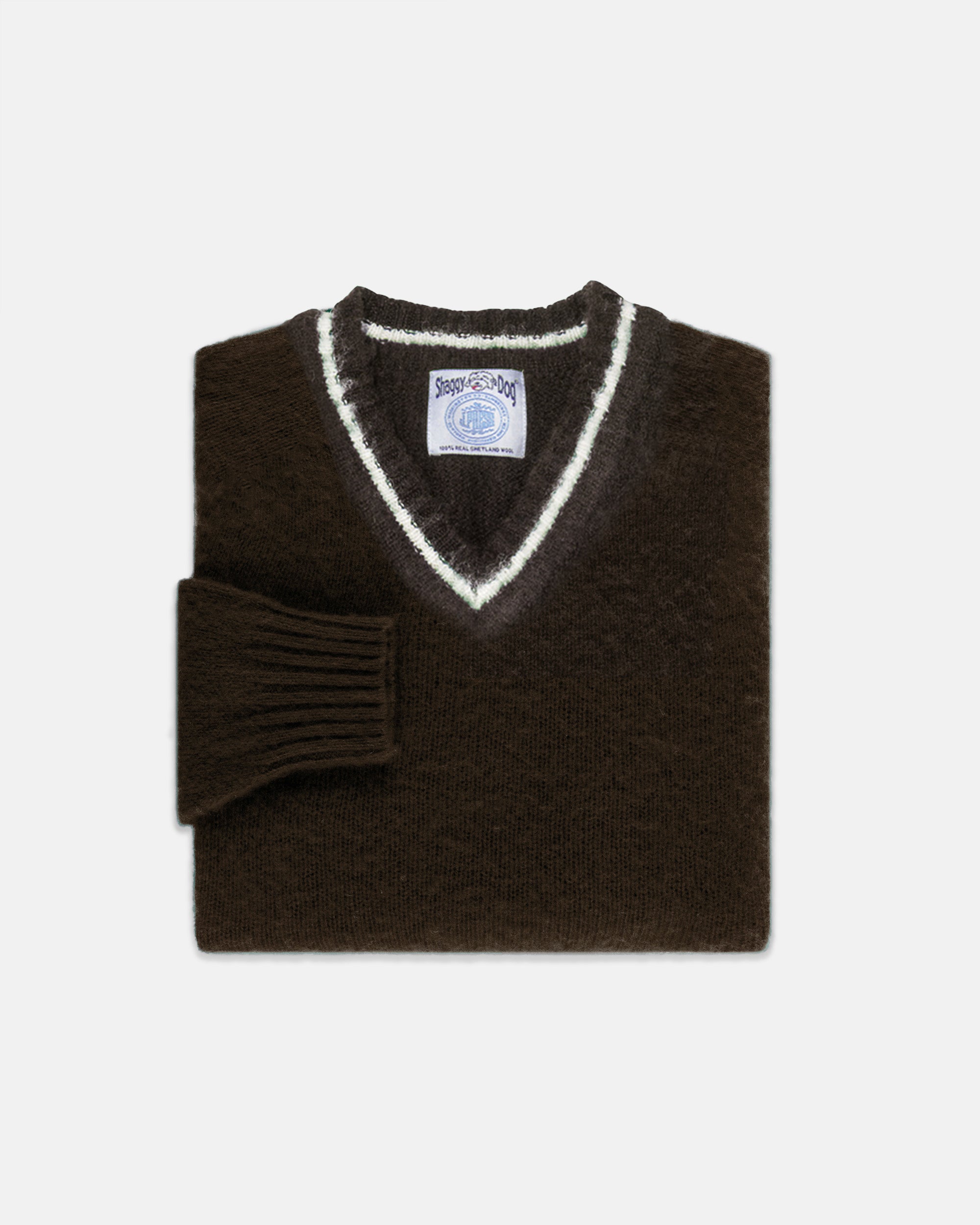 Made-in-Scotland Brown Shaggy Dog V-Neck Sweater - Trim Fit