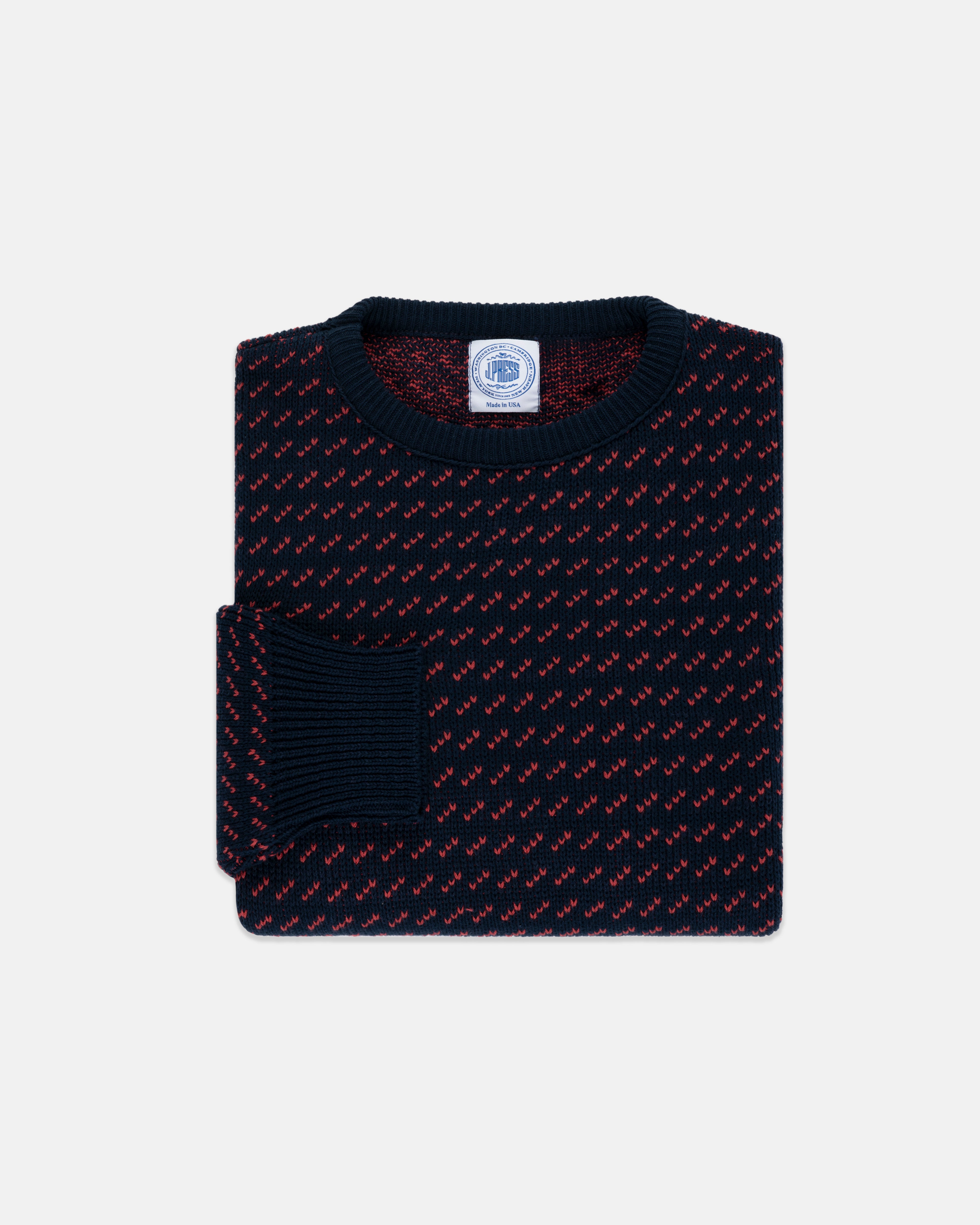 Made-in-USA Navy & Red Cotton Birdseye Crewneck Sweater