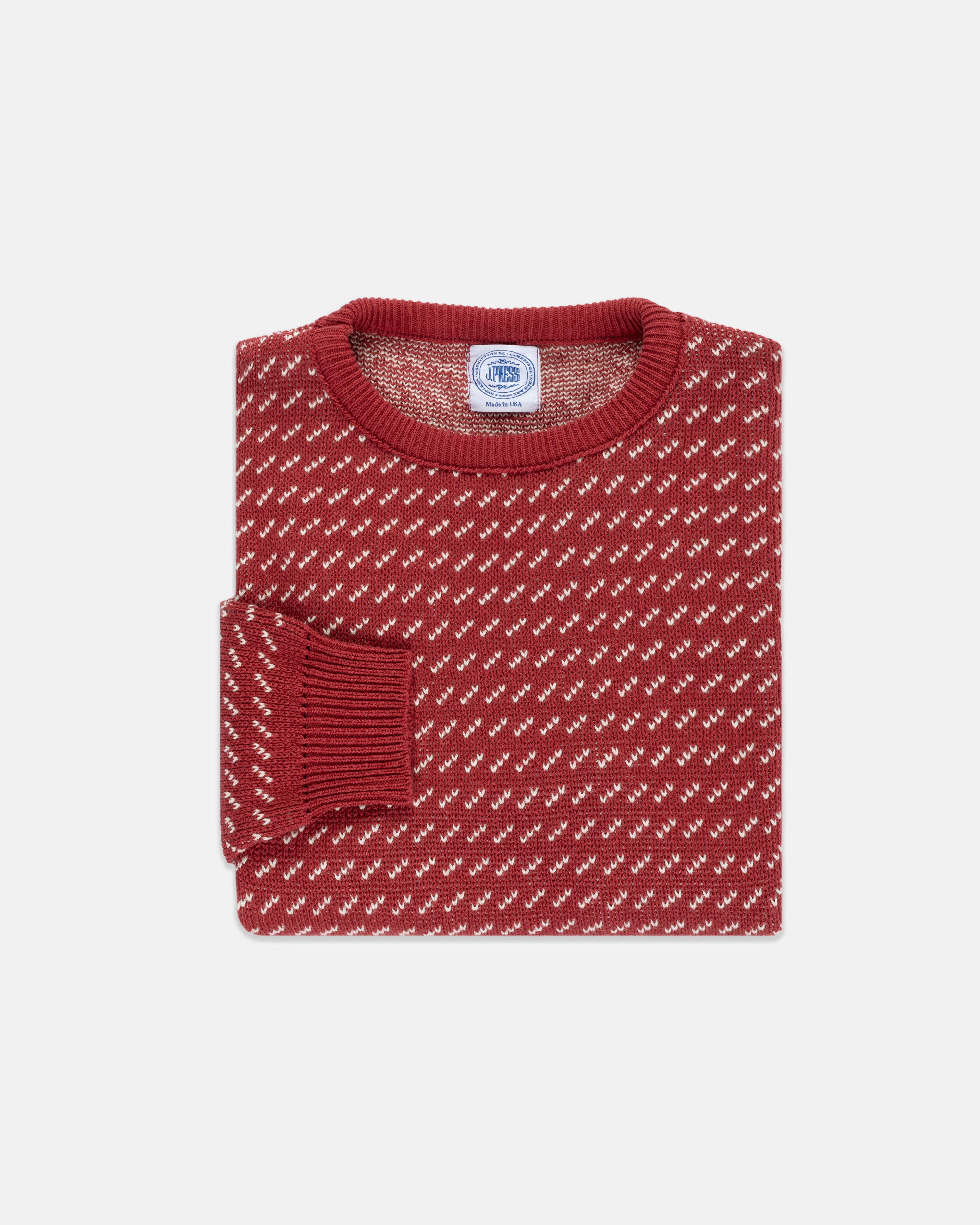 Made-in-USA Red & Natural Chevron Cotton Crewneck Sweater