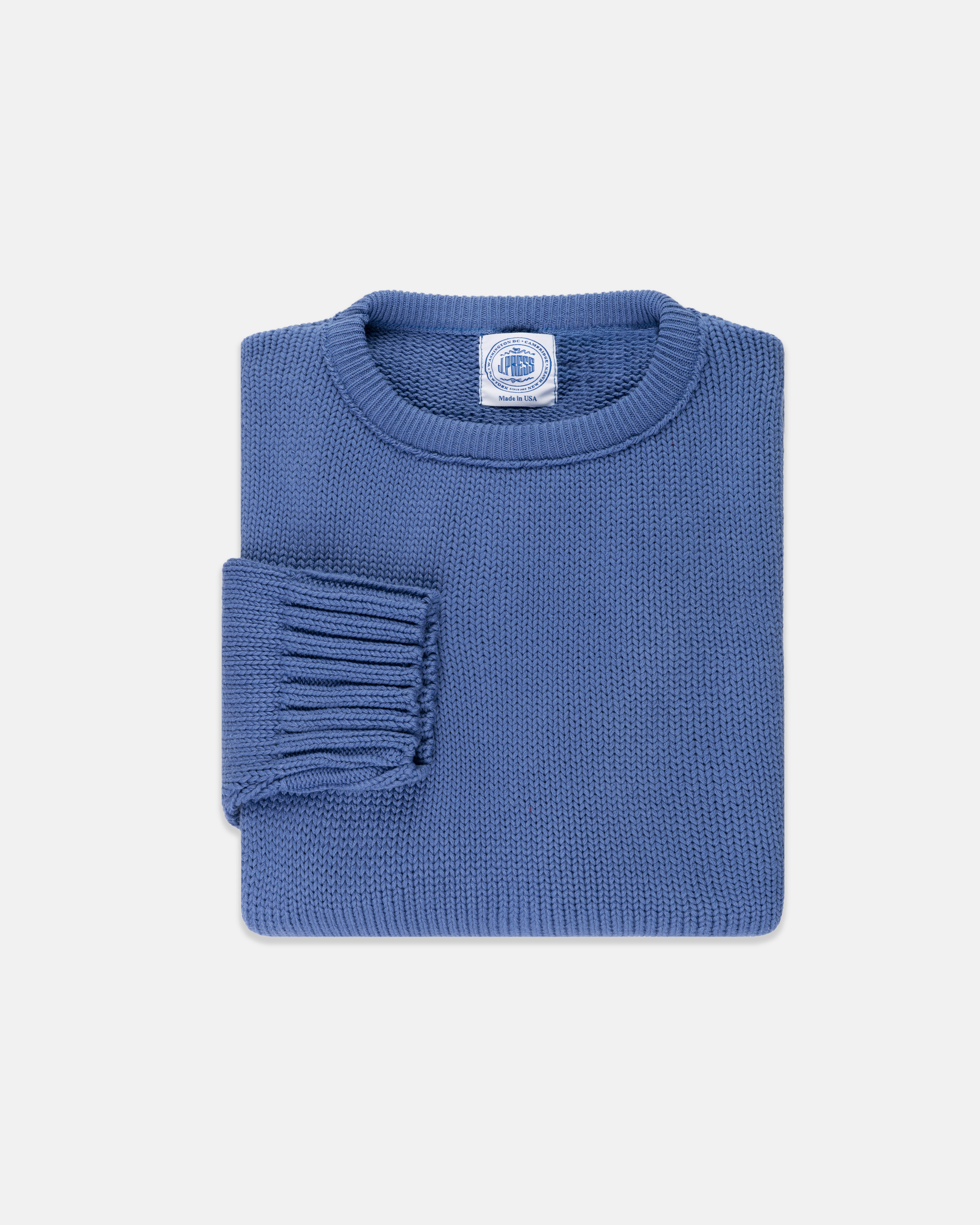 Made-in-USA Blue Chunky Cotton Crewneck Sweater
