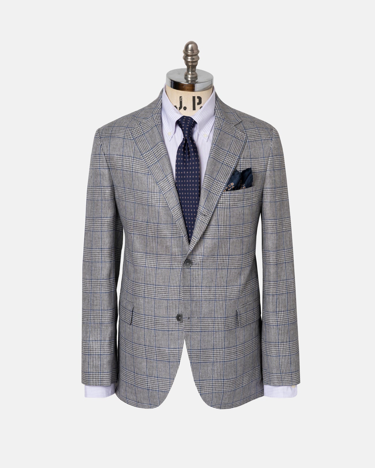 Grey & Blue Glen Plaid Pure Linen Sport Coat - Trim Fit