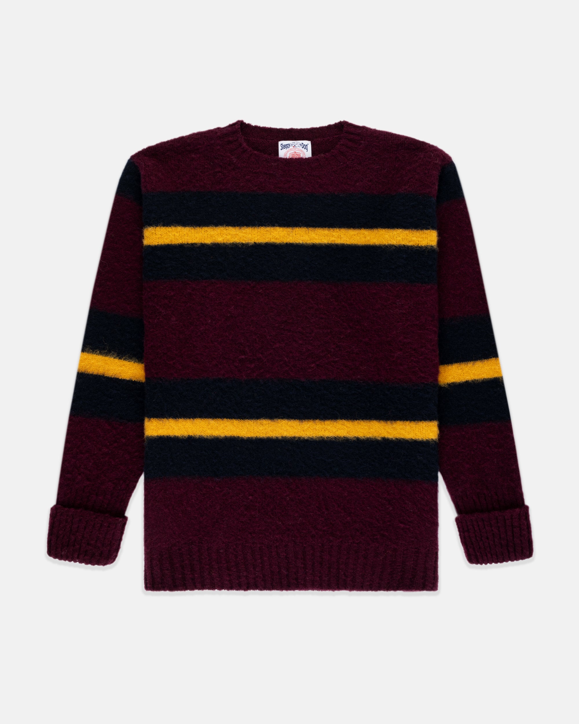 Made-in-Scotland Burgundy, Navy & Gold Shaggy Dog Frame Stripe Sweater - Classic Fit