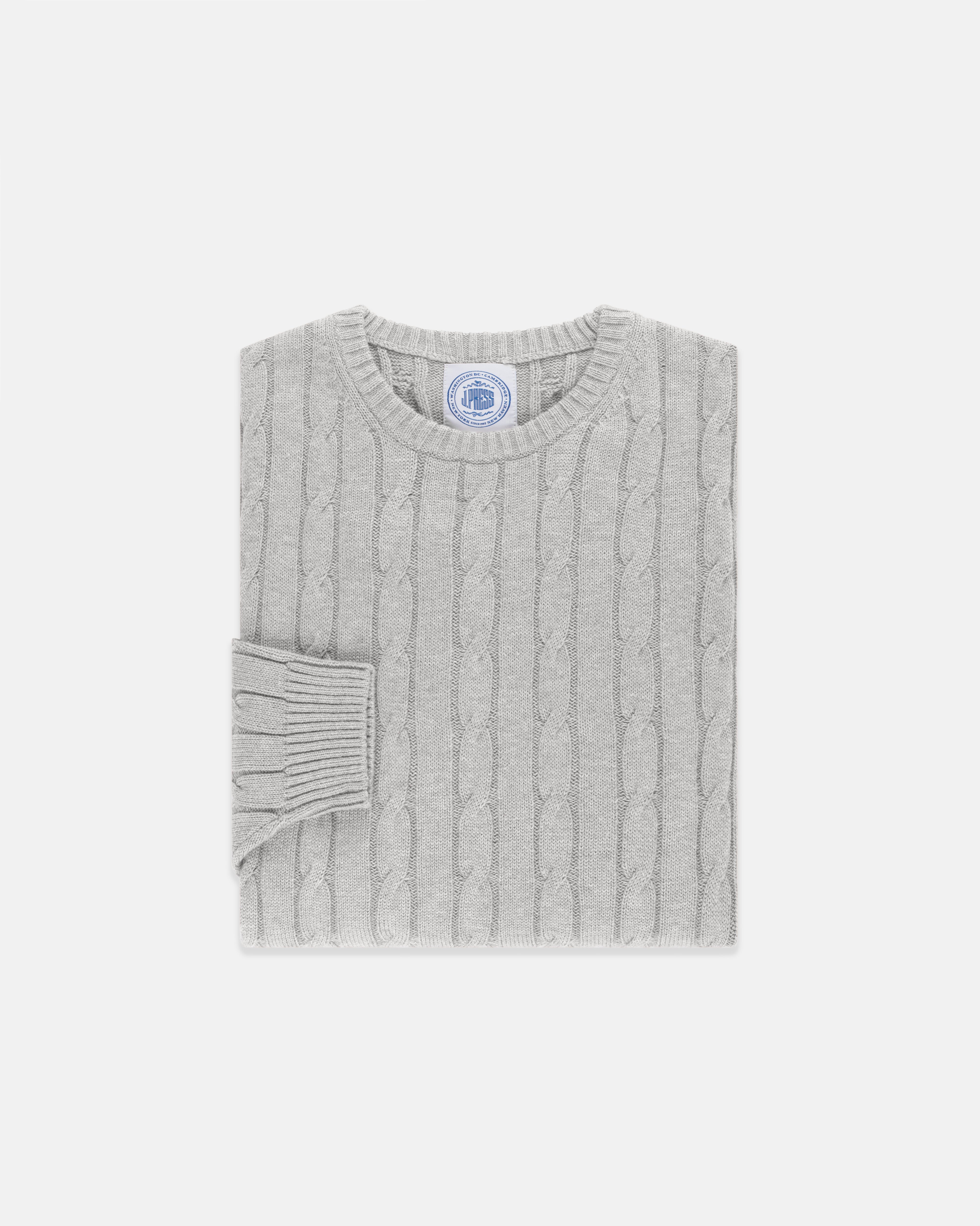 Light Grey Cotton-Cashmere Cable Crewneck Sweater