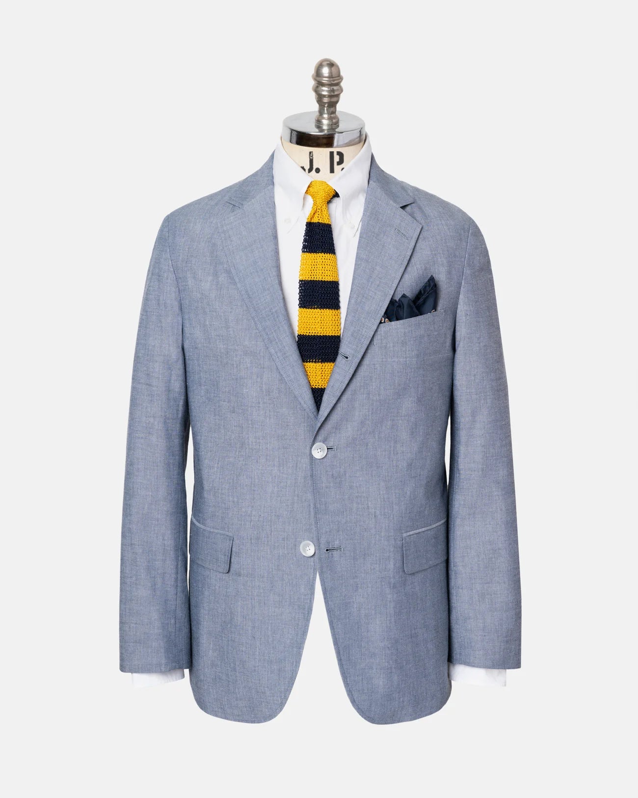 Solid Blue Cotton Chambray Sport Coat - Trim Fit