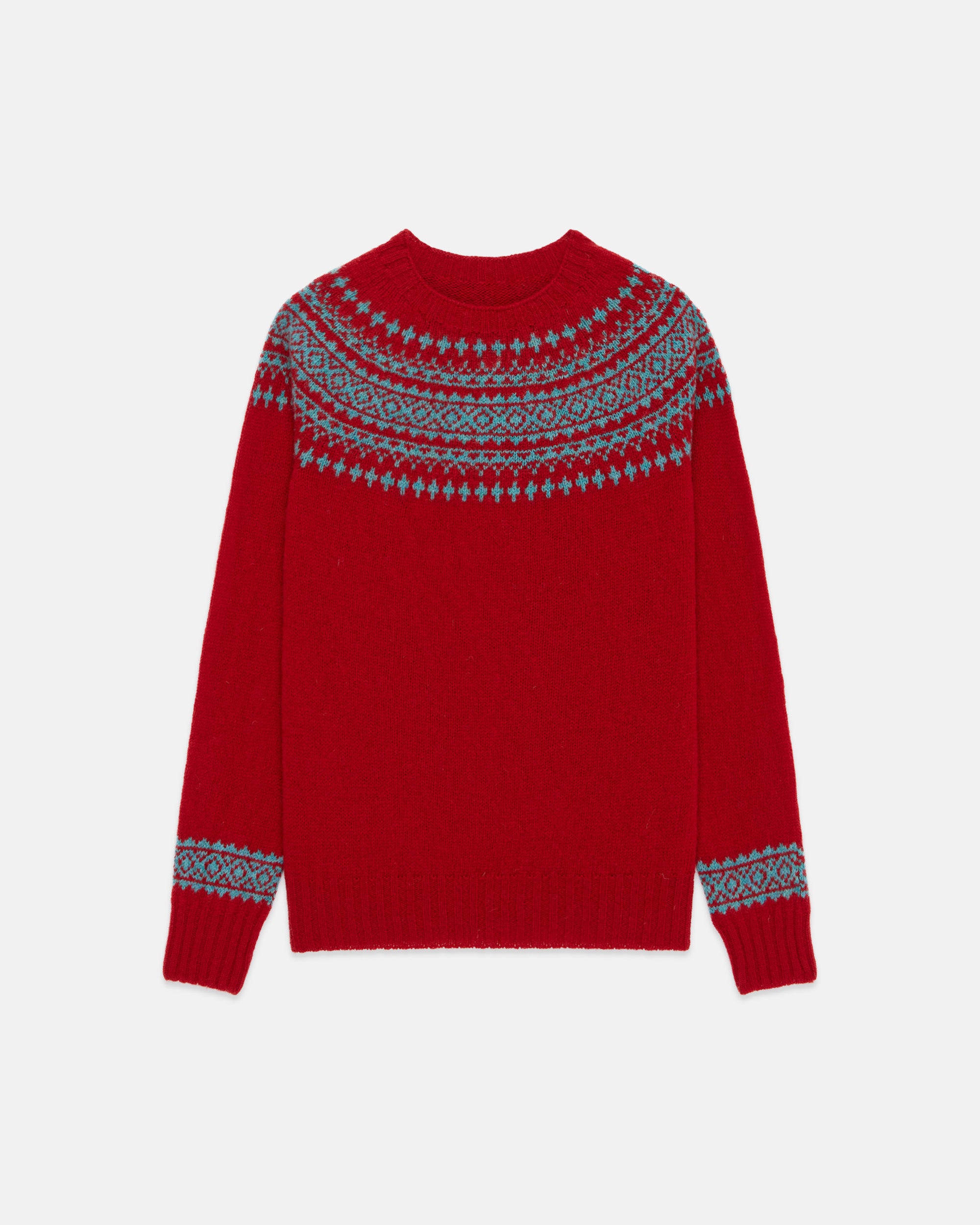 Made-in-Scotland Women's Red Fair Isle Yoke Crew Neck Sweater