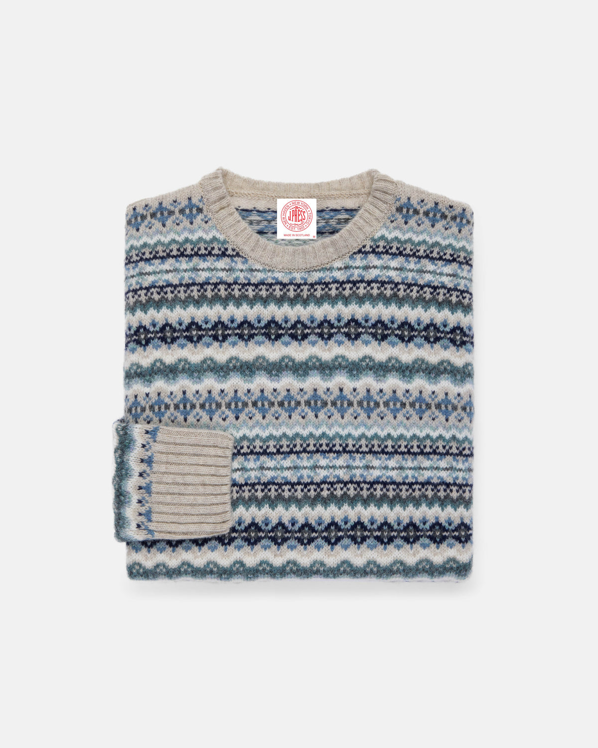 Made-in-Scotland Women's Light Blue Fair Isle Crew Neck Sweater