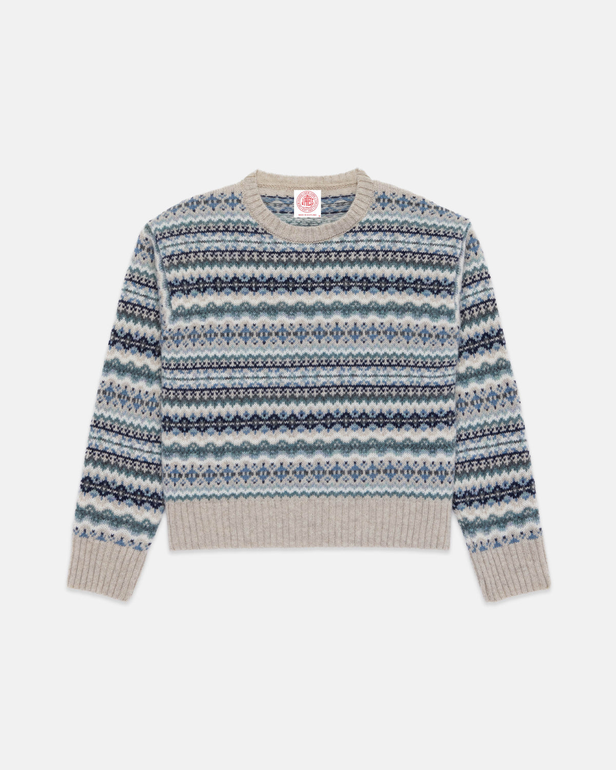 Made-in-Scotland Women's Light Blue Fair Isle Crew Neck Sweater