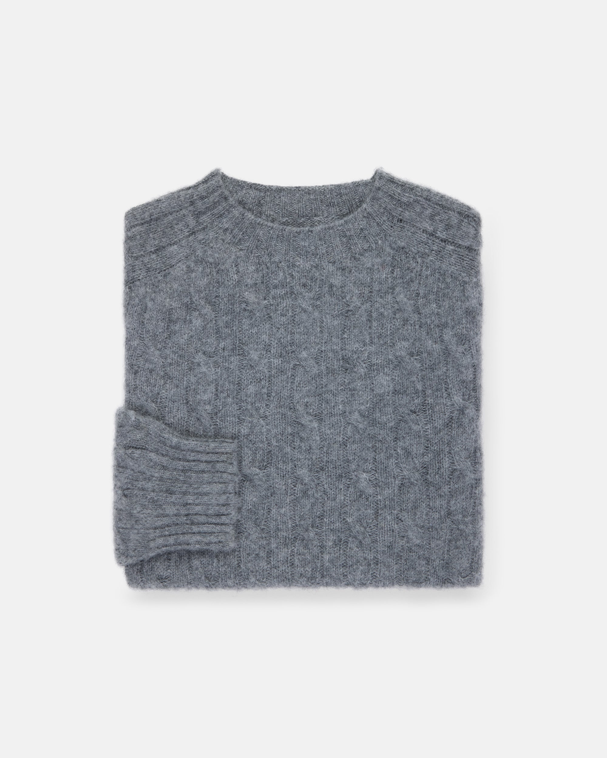 Made-in-Scotland Mid Grey Shaggy Dog Cable Knit Sweater - Classic Fit