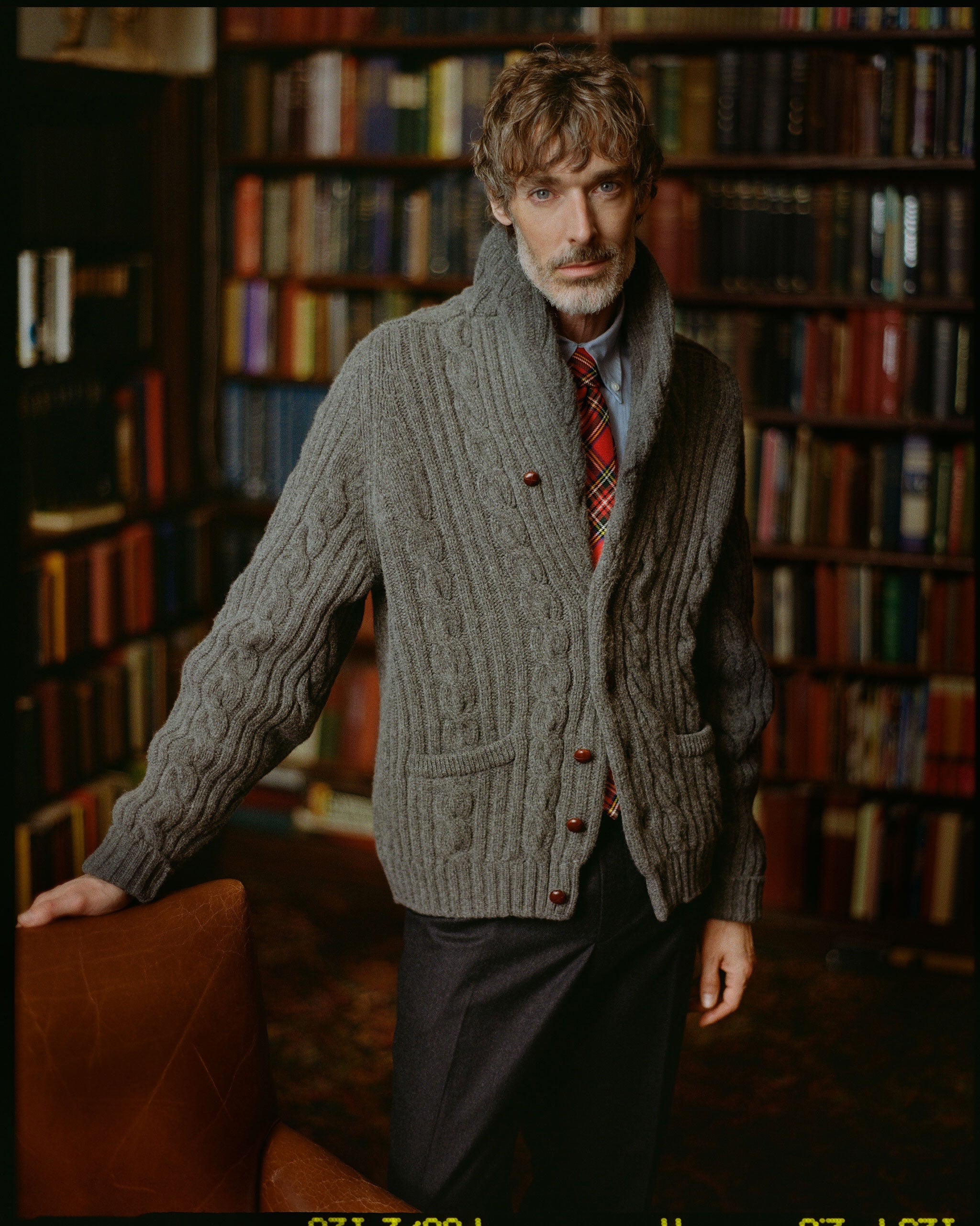 Made-in-Scotland Grey Shawl Collar Cable Knit Cardigan