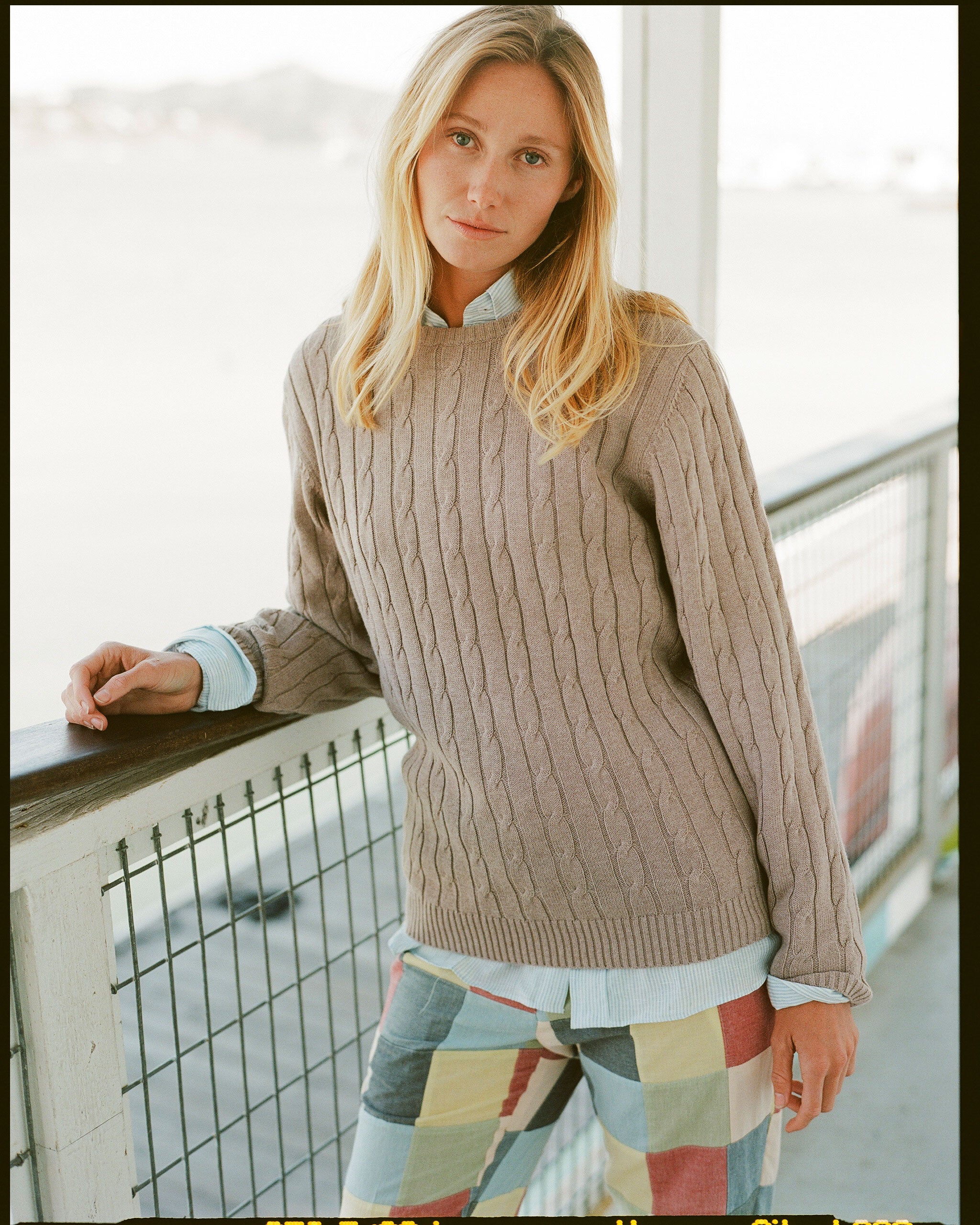 Light Brown Cotton-Cashmere Cable Crewneck Sweater