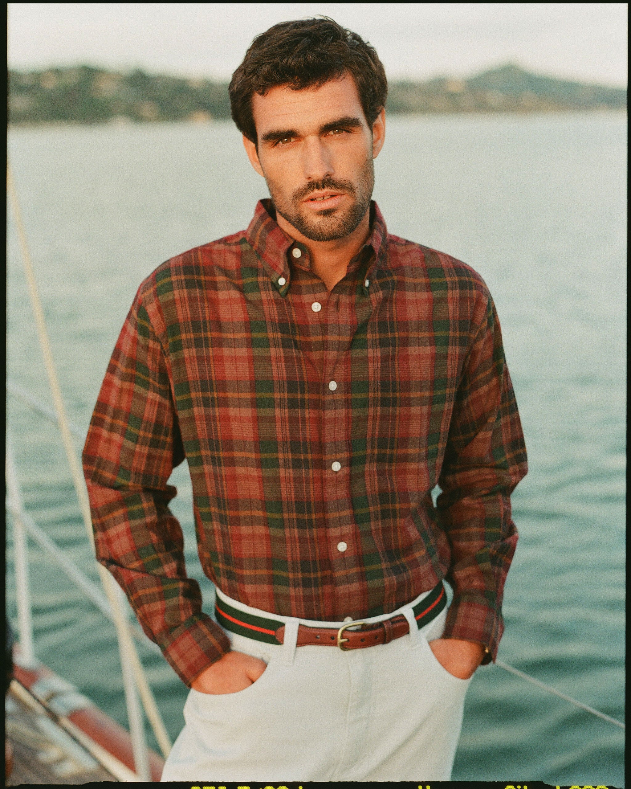 Red, Navy & Tan Madras Button Down Sport Shirt - Classic Fit