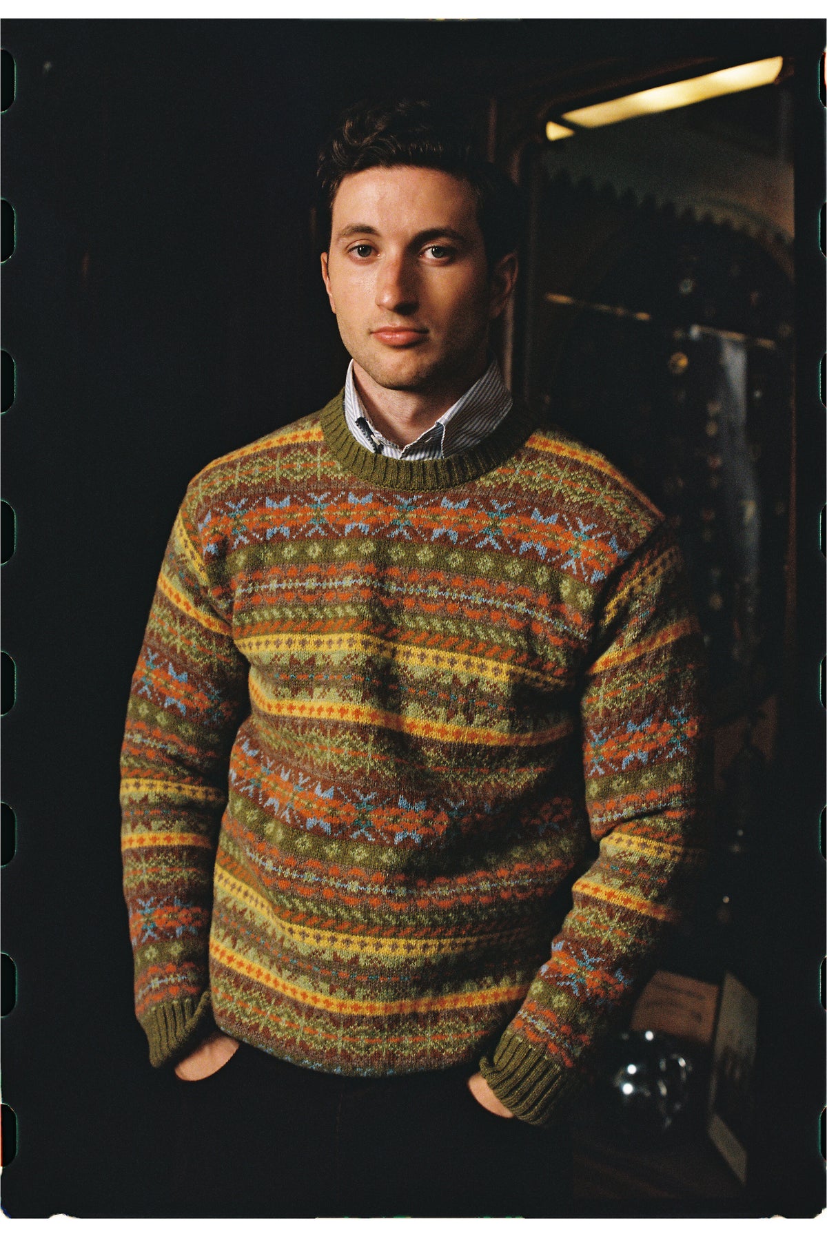 Made-in-Scotland Light Green Fair Isle Crew Neck Sweater - Trim Fit