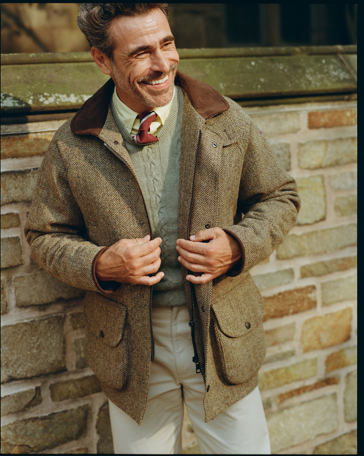 Made-in-UK Olive & Tan Herringbone Harris Tweed Field Coat
