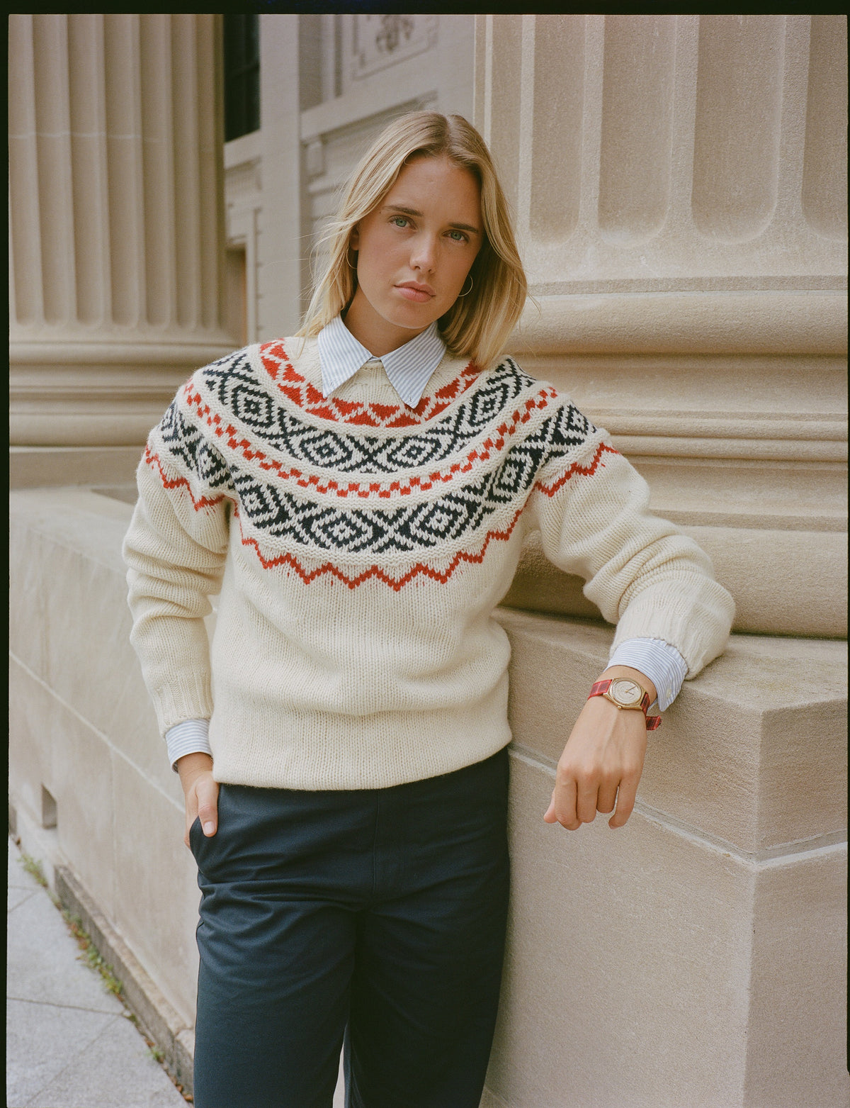 Made-in-Scotland White, Navy & Red Heavy Yoke Fair Isle Crew Neck Sweater