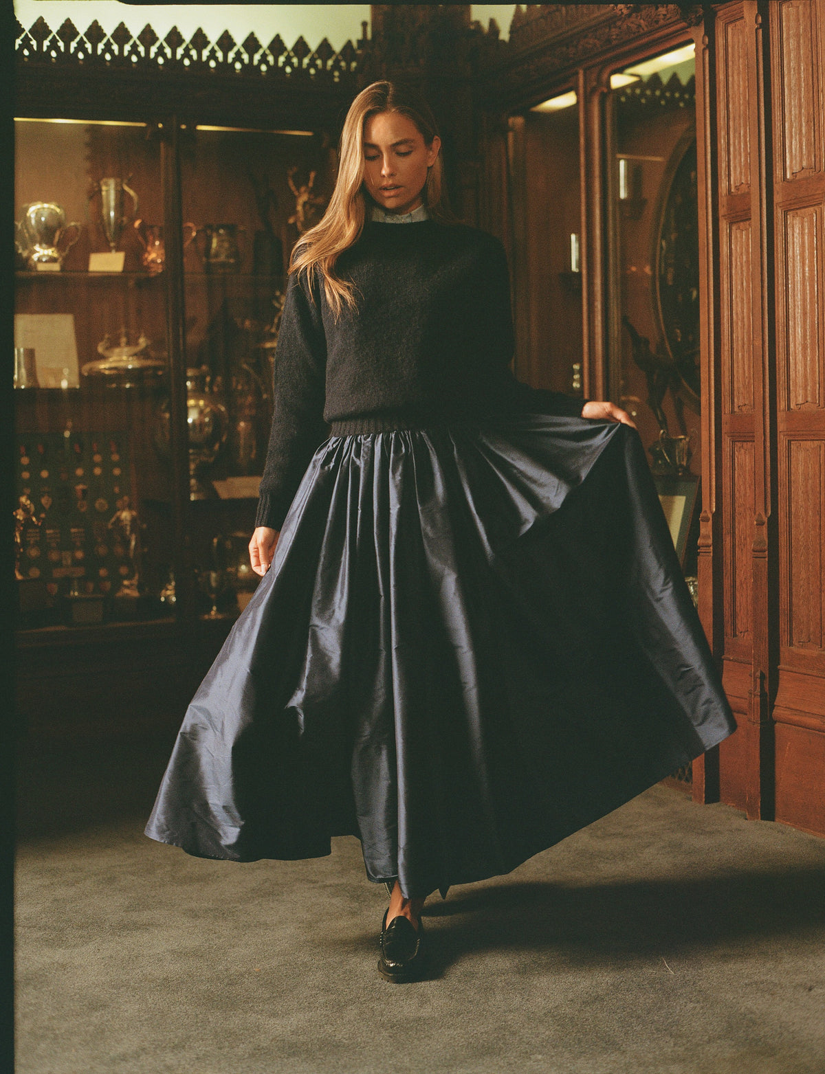Made-in-USA Women's Navy Silk Taffeta Skirt
