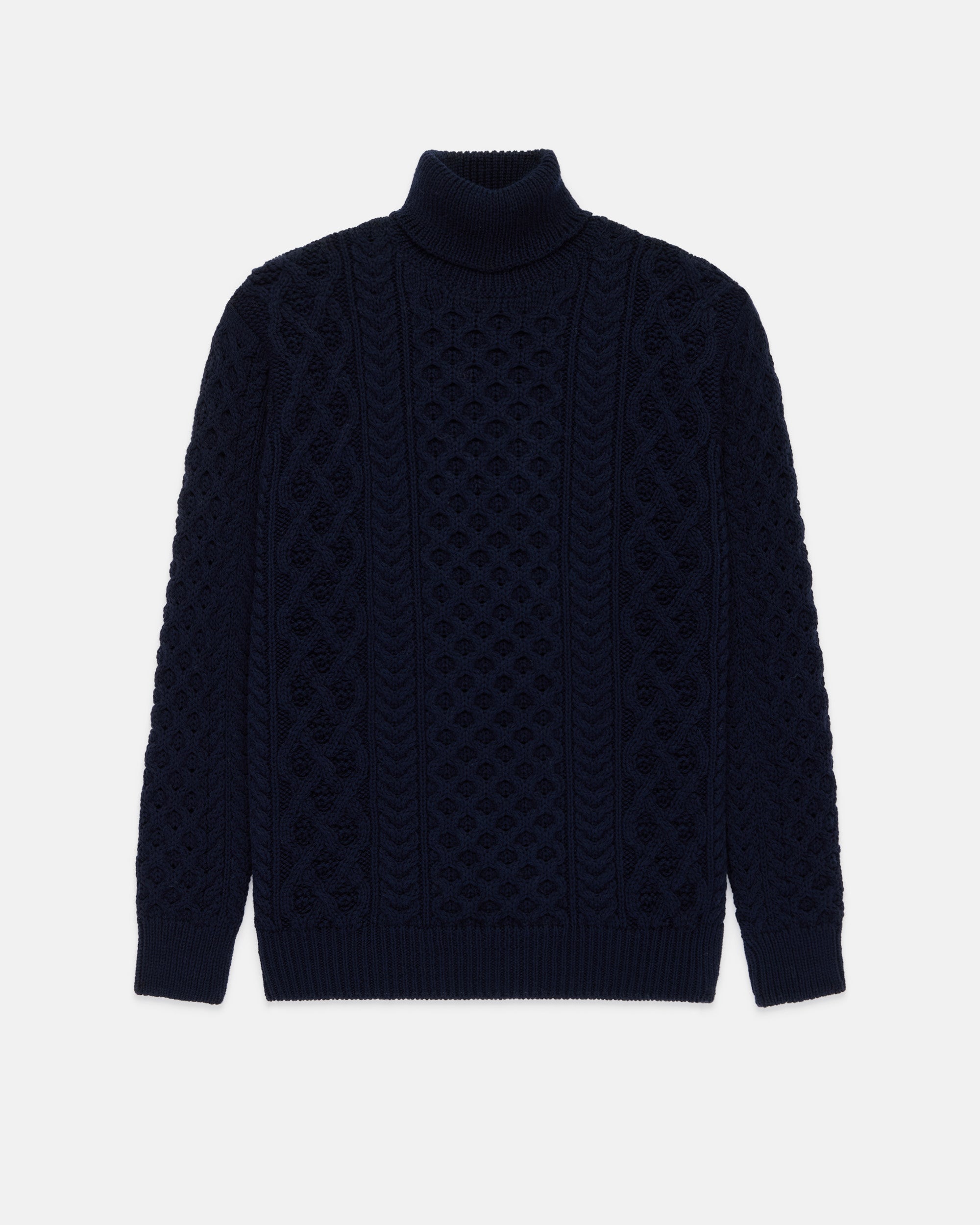 Made-in-Ireland Navy Aran Knit Turtleneck Sweater