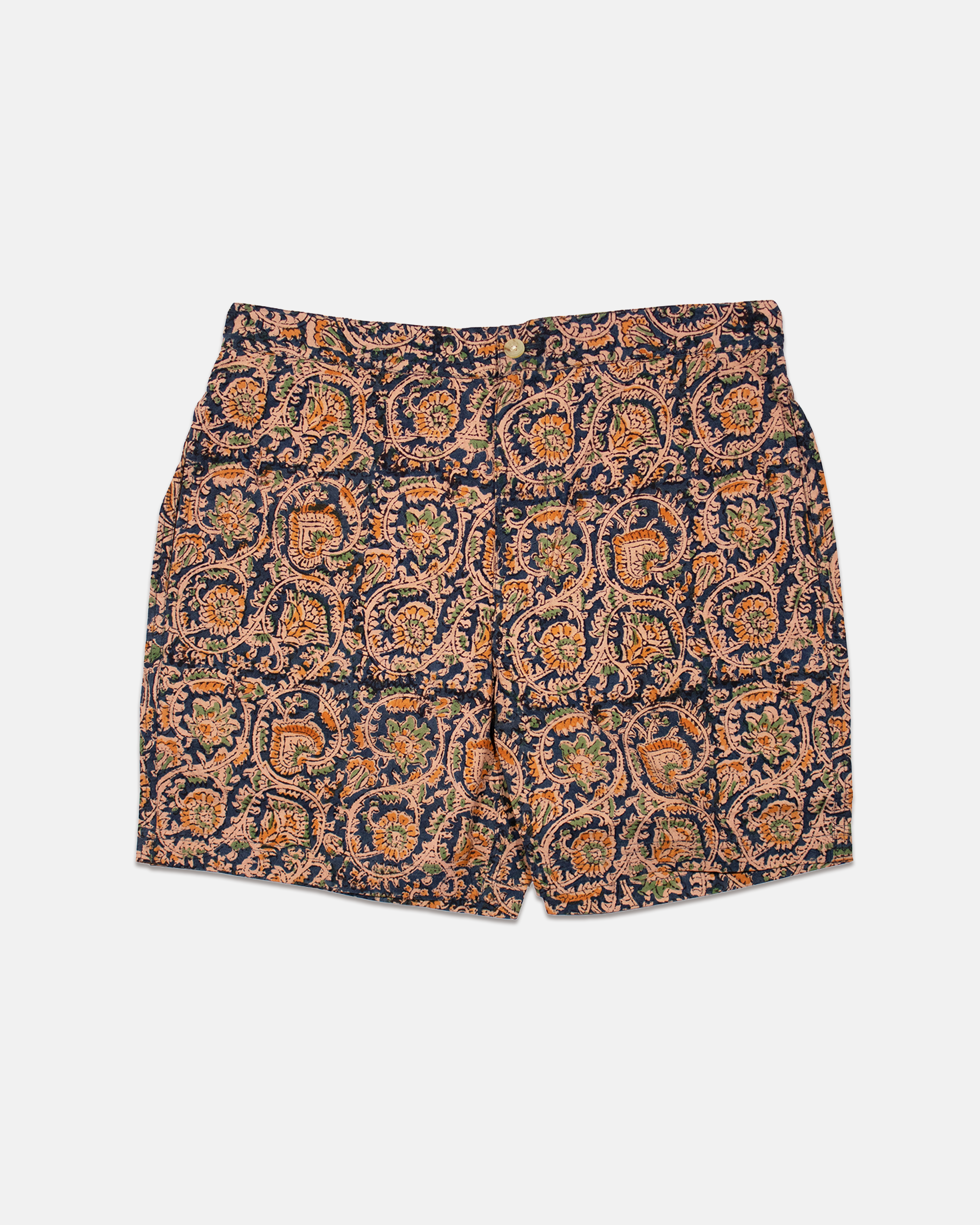 Navy & Brown Batik Print Swim Trunks