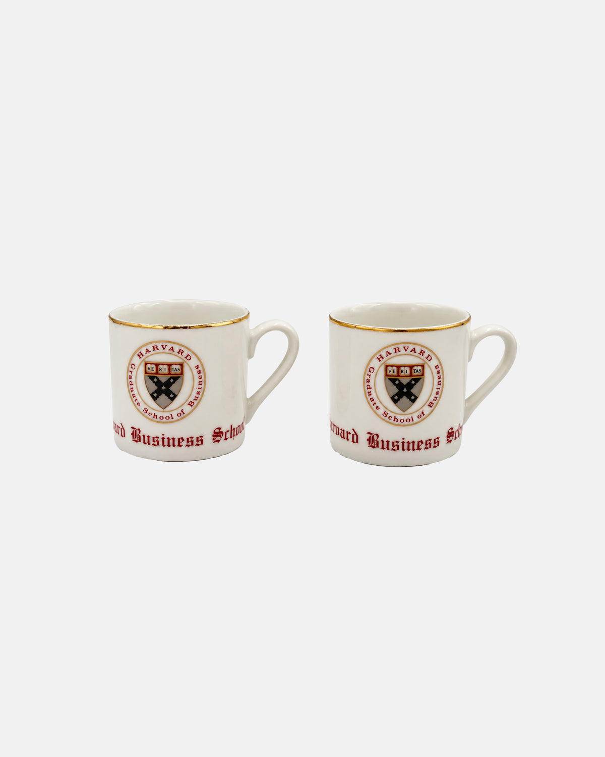 Pair Vintage Harvard Business School Porcelain Demitasse Cups Saucers