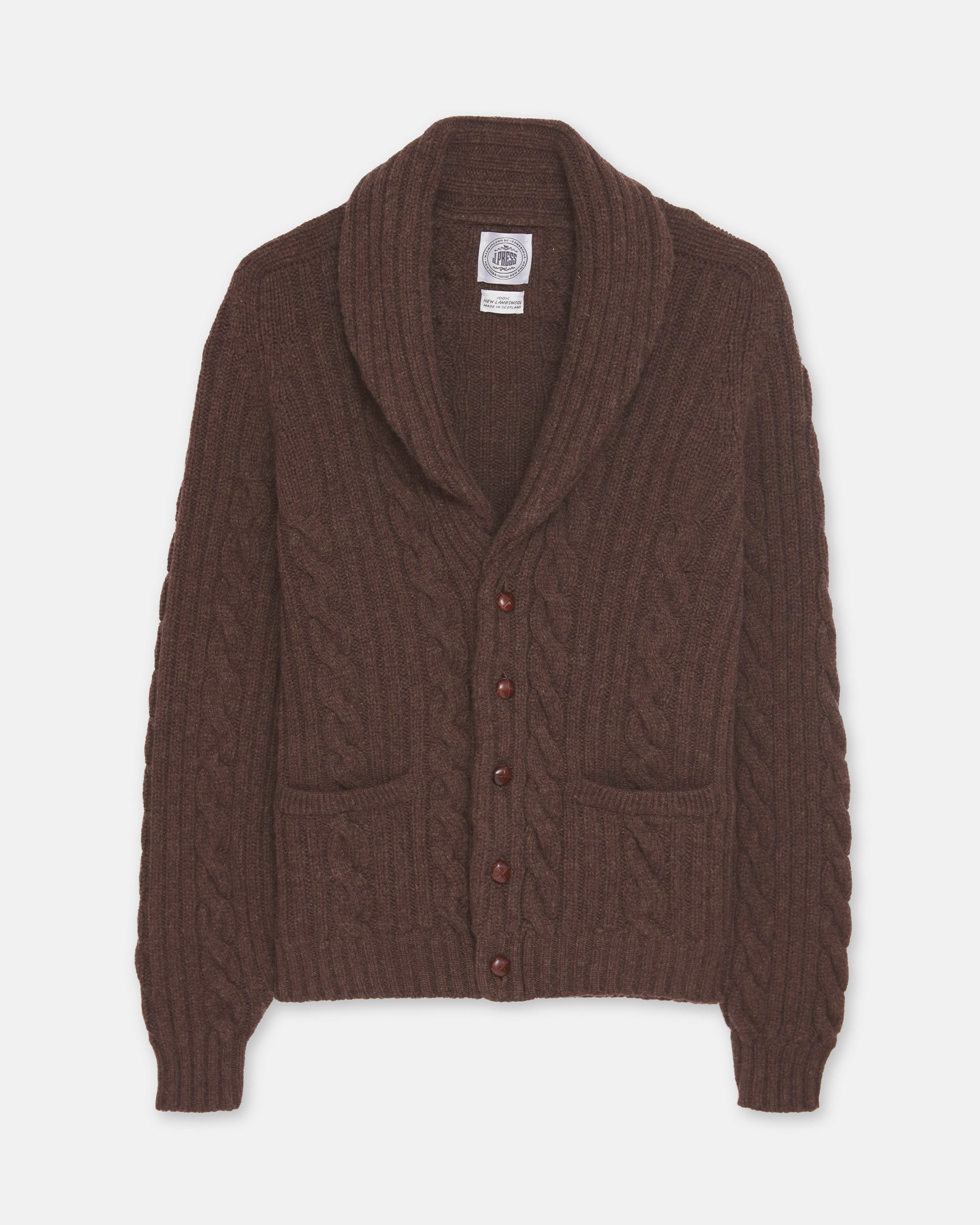 Made-in-Scotland Brown Shawl Collar Cable Knit Cardigan
