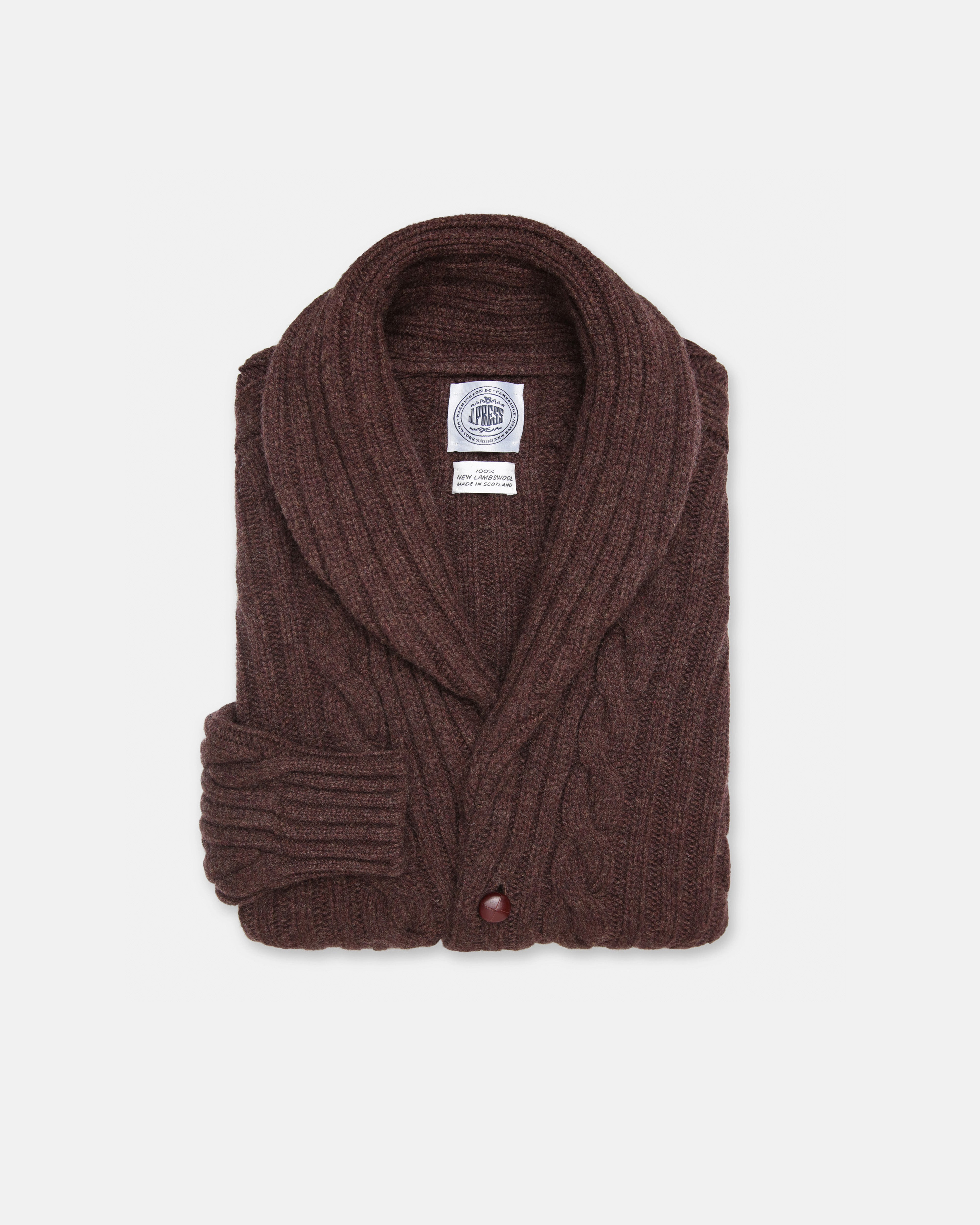Made-in-Scotland Brown Shawl Collar Cable Knit Cardigan