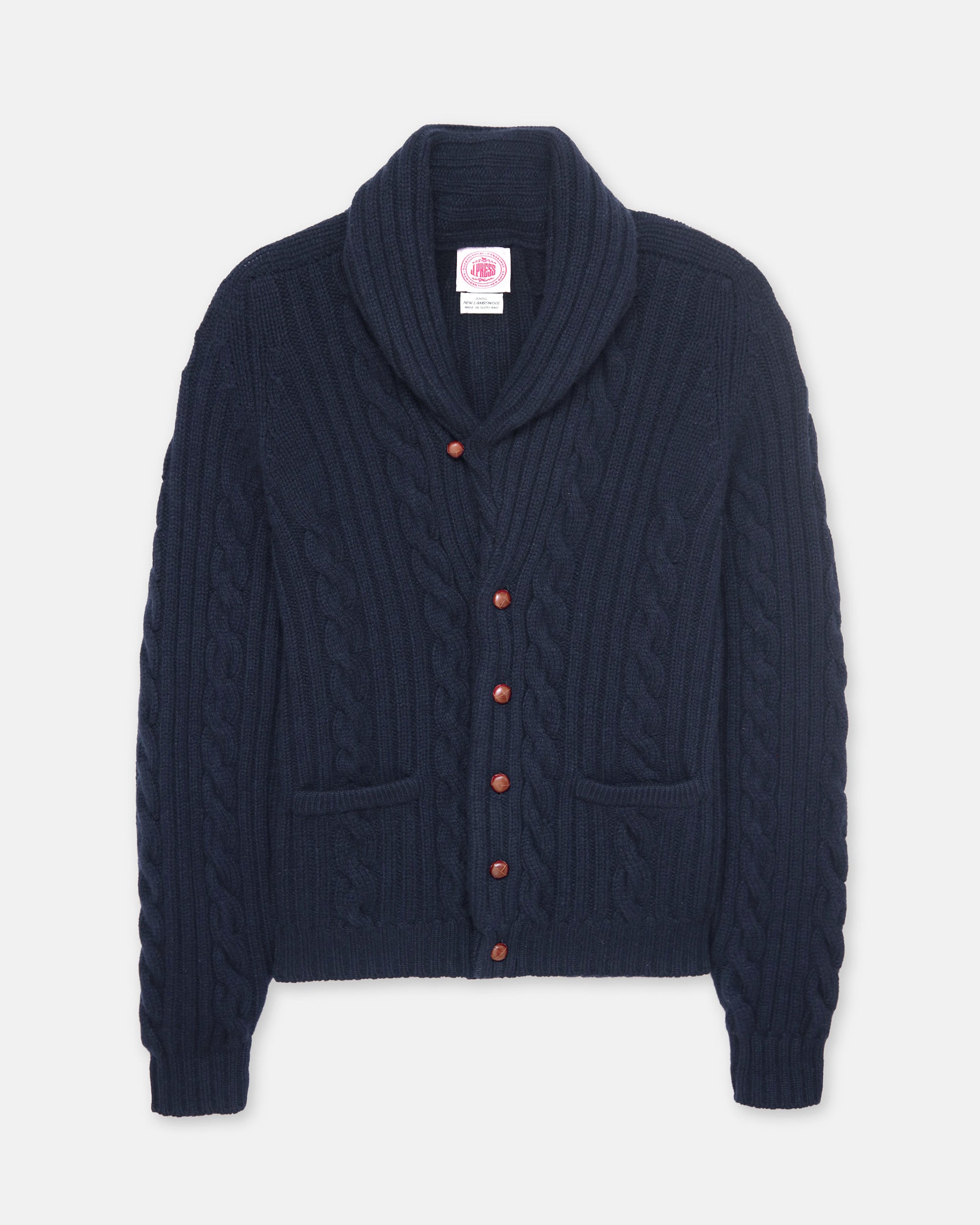 Made-in-Scotland Navy Shawl Collar Cable Knit Cardigan