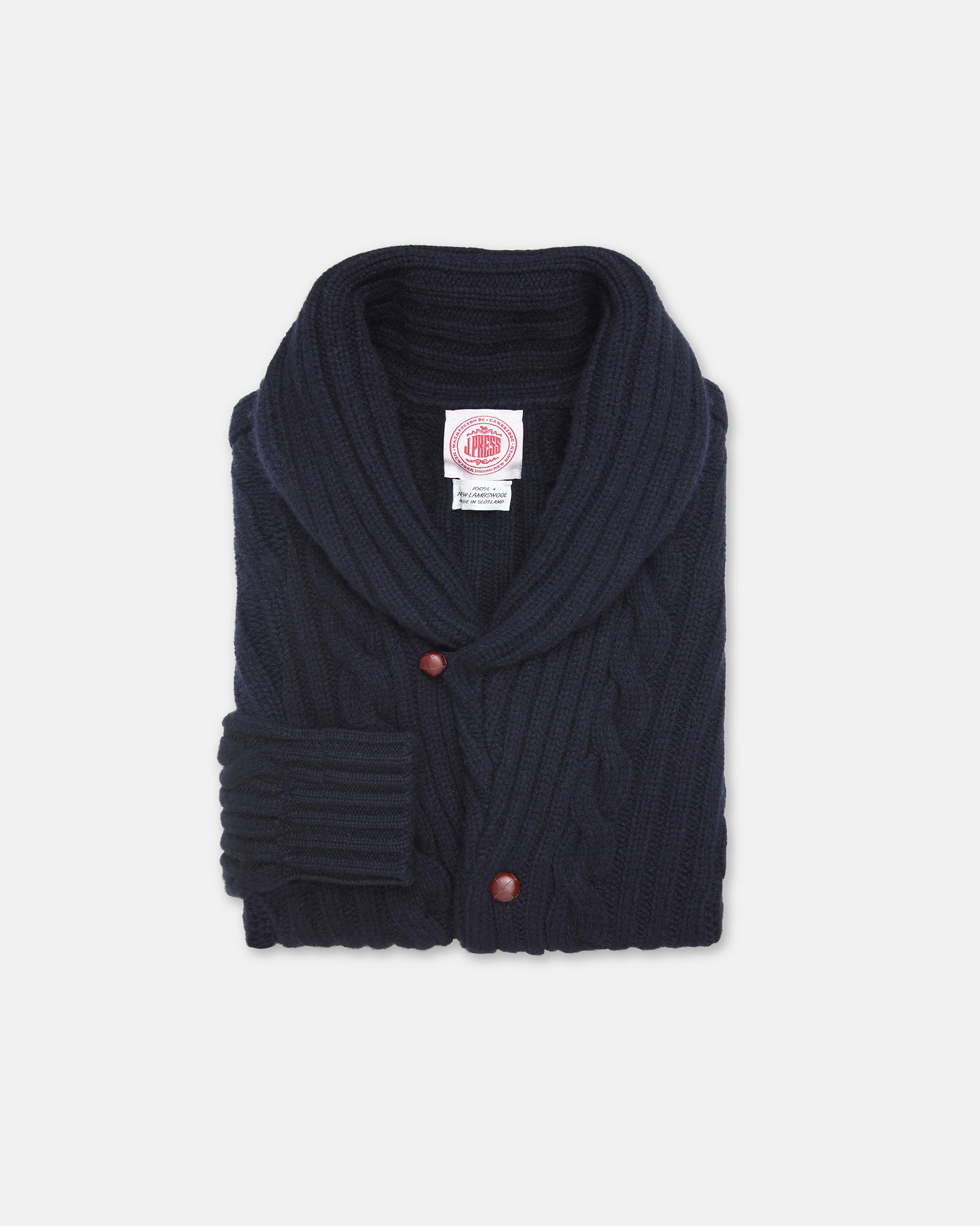 Made-in-Scotland Navy Shawl Collar Cable Knit Cardigan