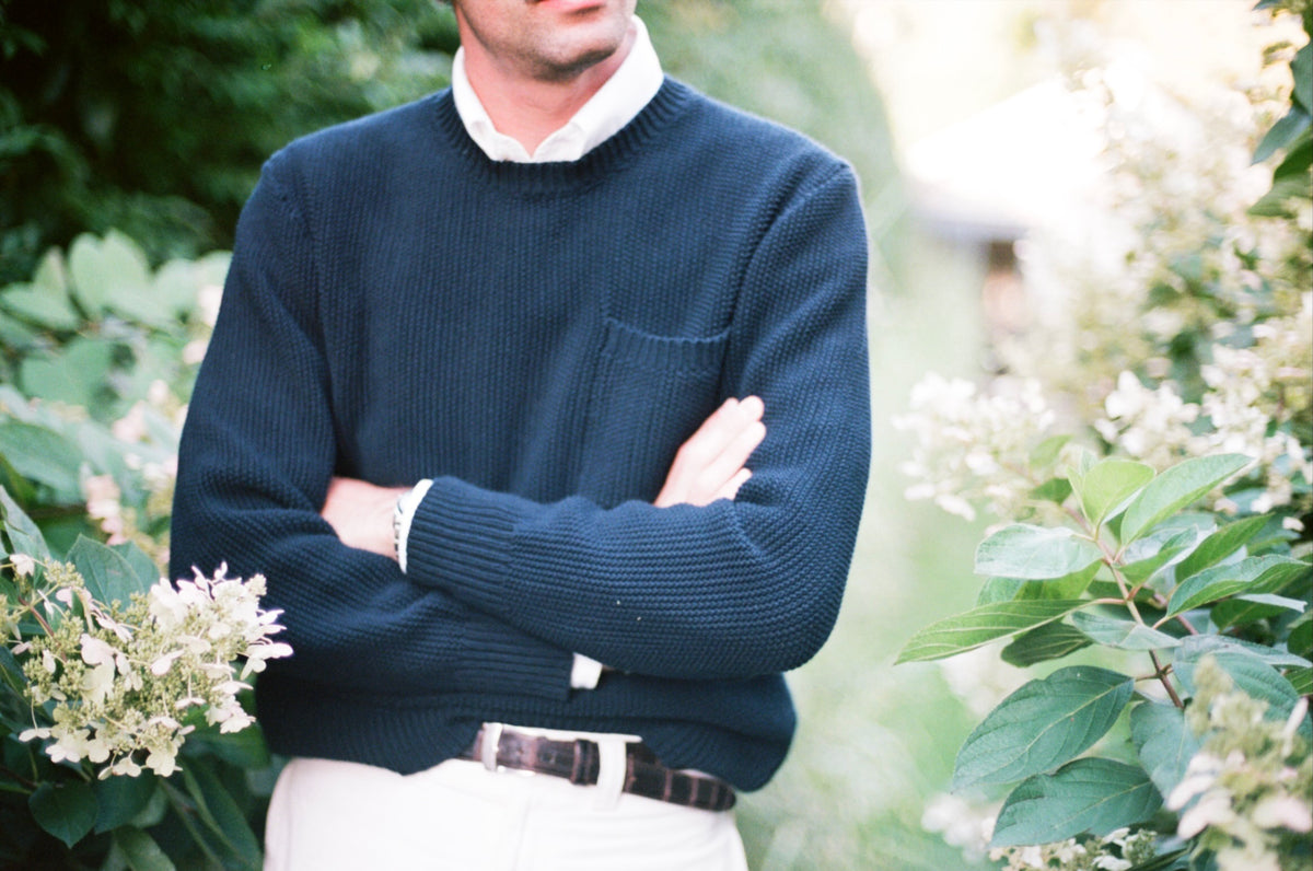 Vito's Postal Blue Crewneck Cotton Pocket Sweater