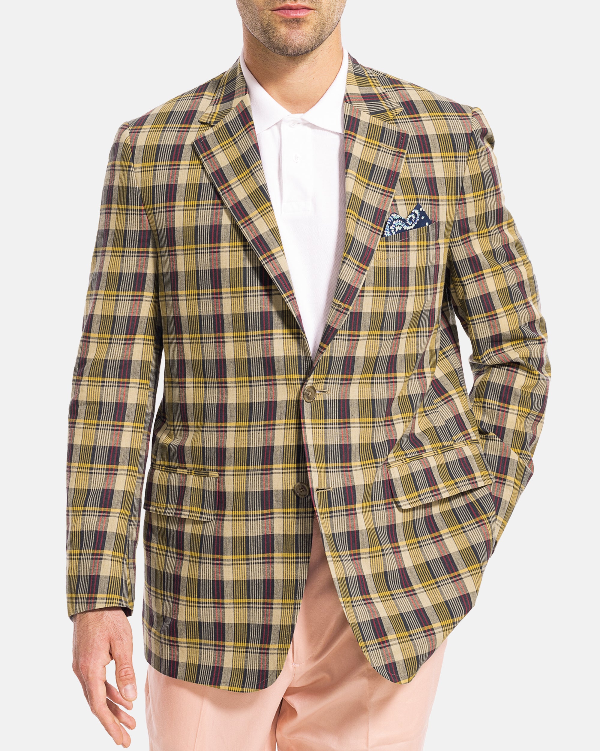 KHAKI NAVY BURGUNDY COTTON MADRAS SPORT COAT - CLASSIC FIT