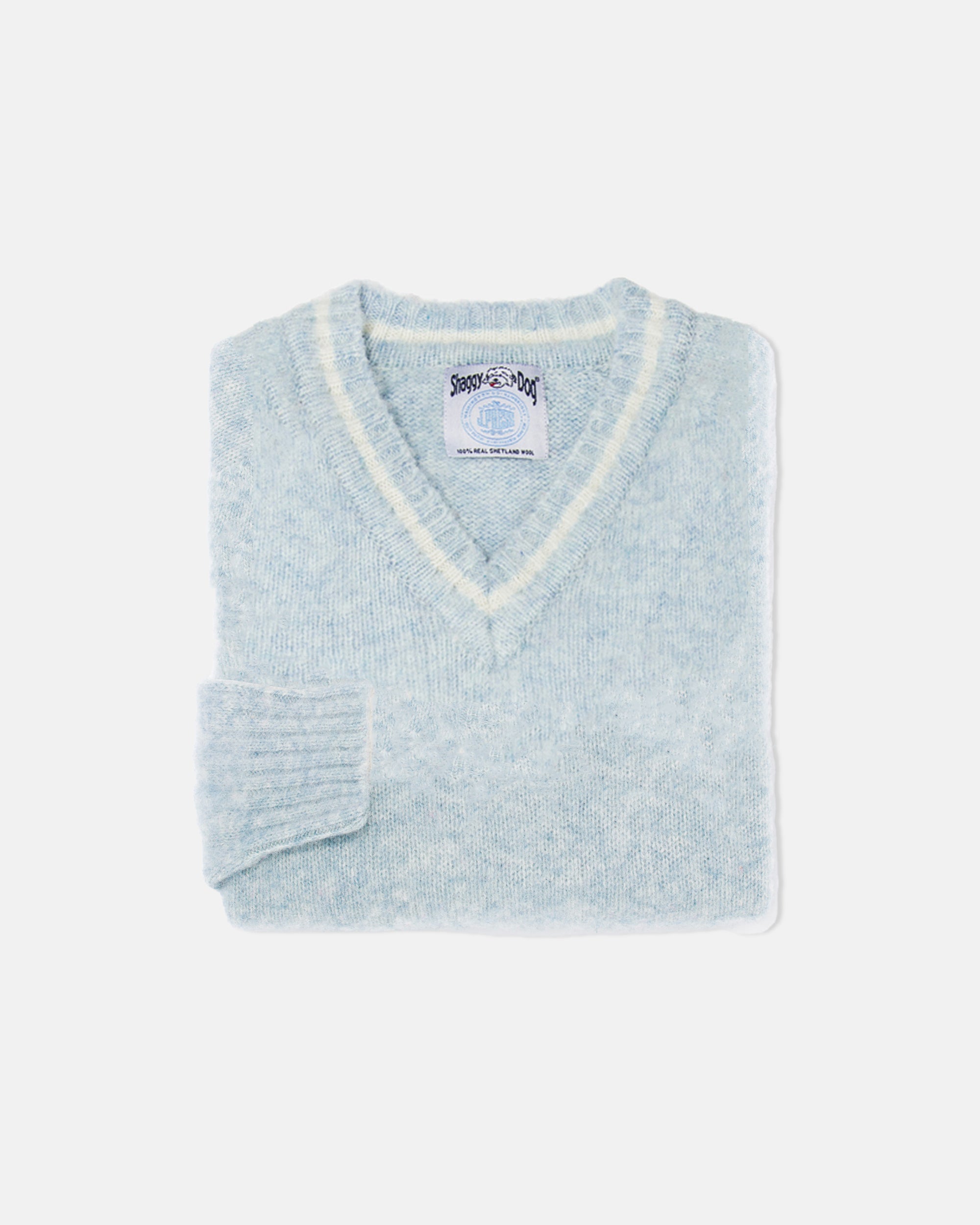 Made-in-Scotland Light Blue Shaggy Dog V-Neck Sweater - Trim Fit