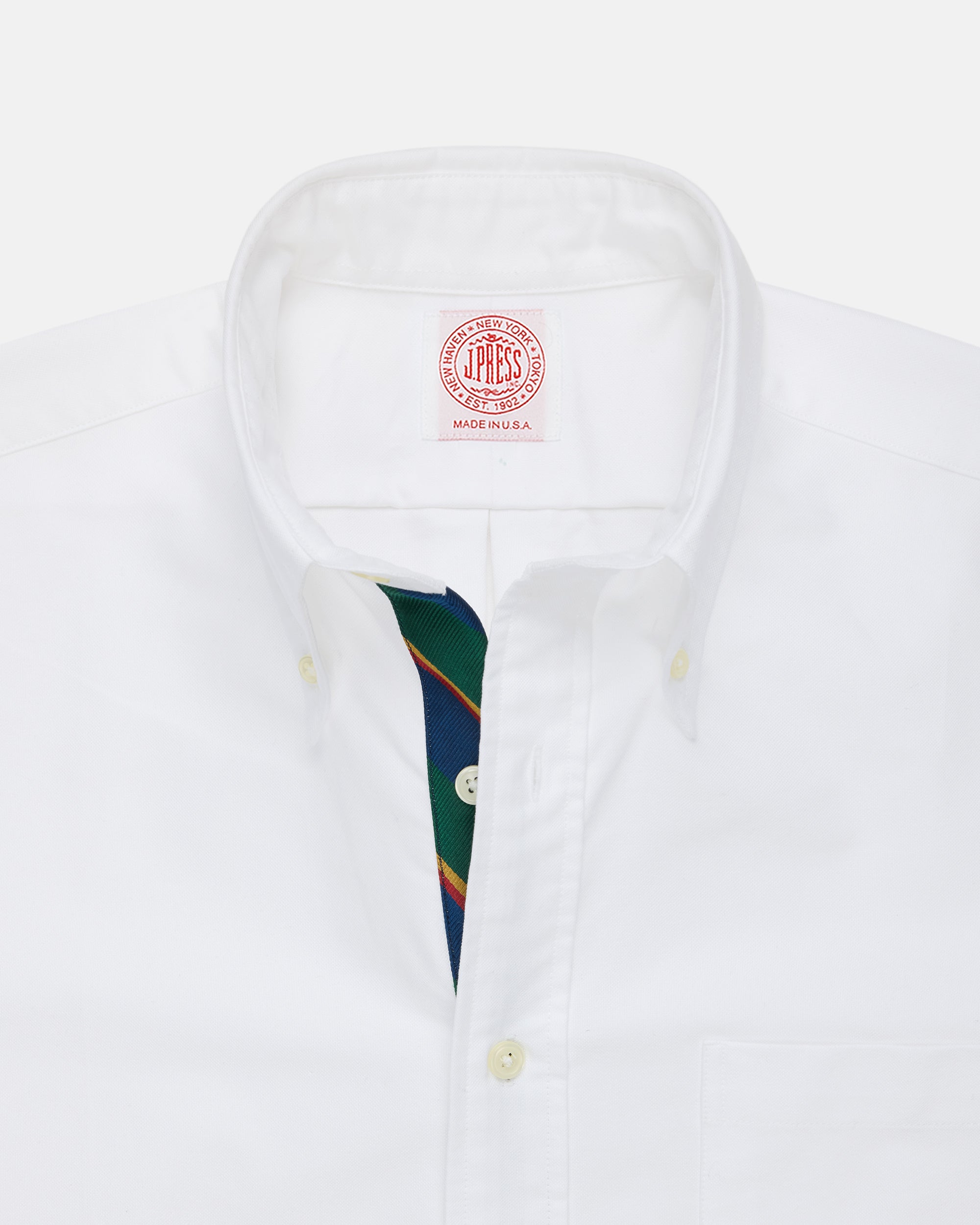 Made-in-USA White with Regimental Stripe Placket Oxford Cloth Sport Shirt - Regular Fit