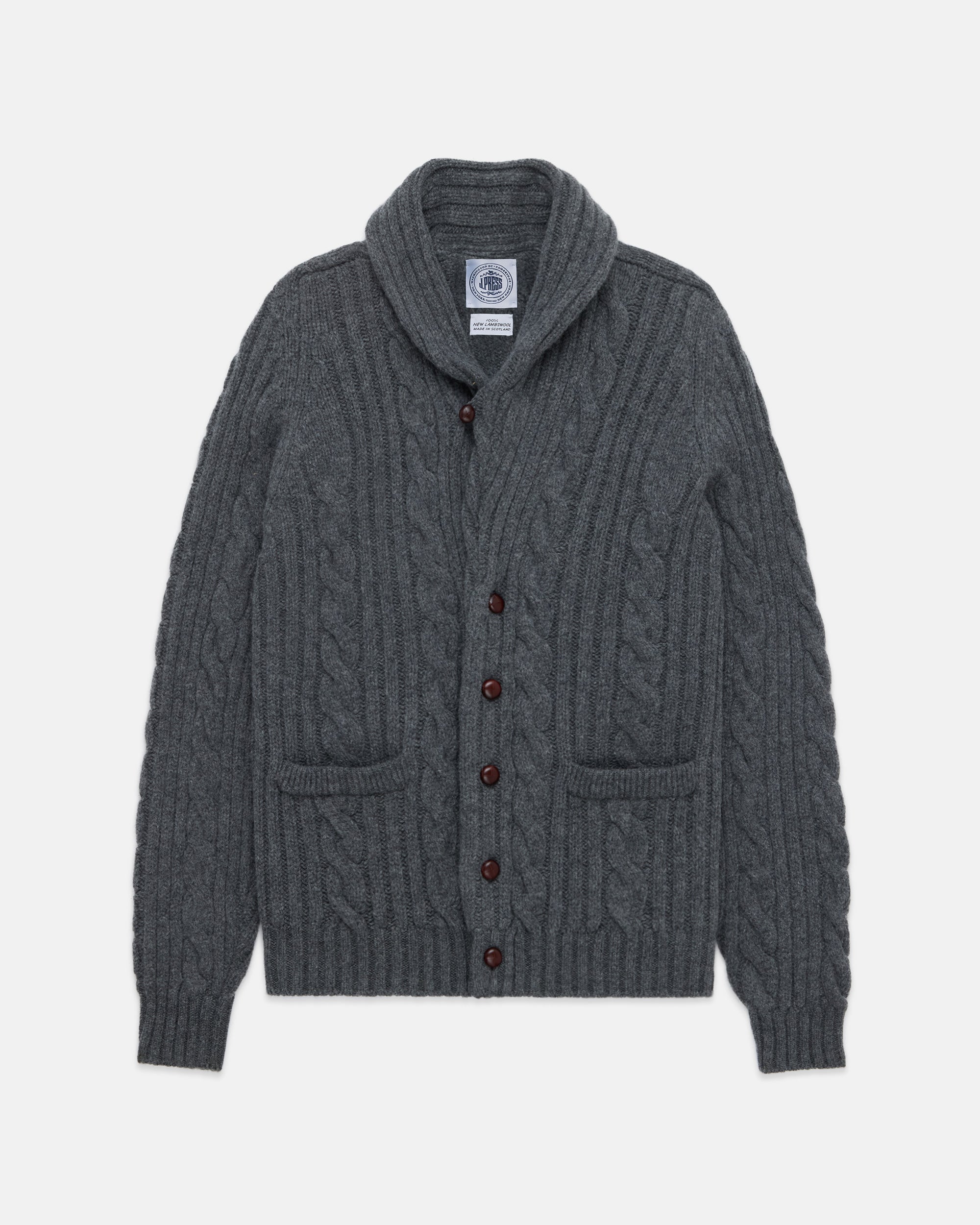 Made-in-Scotland Grey Shawl Collar Cable Knit Cardigan