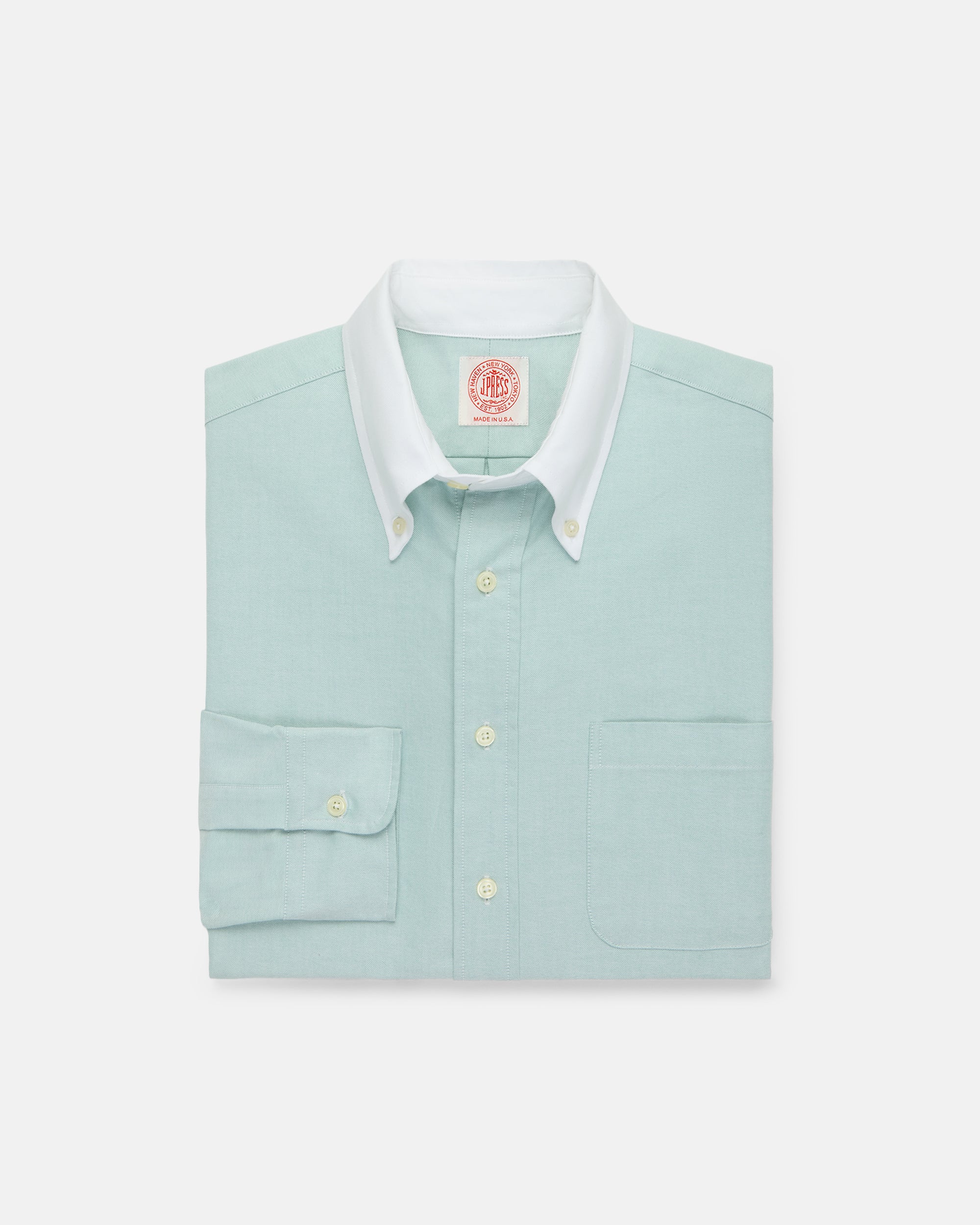 Made-in-USA Green Contrast Collar Oxford Cloth Sport Shirt - Regular Fit