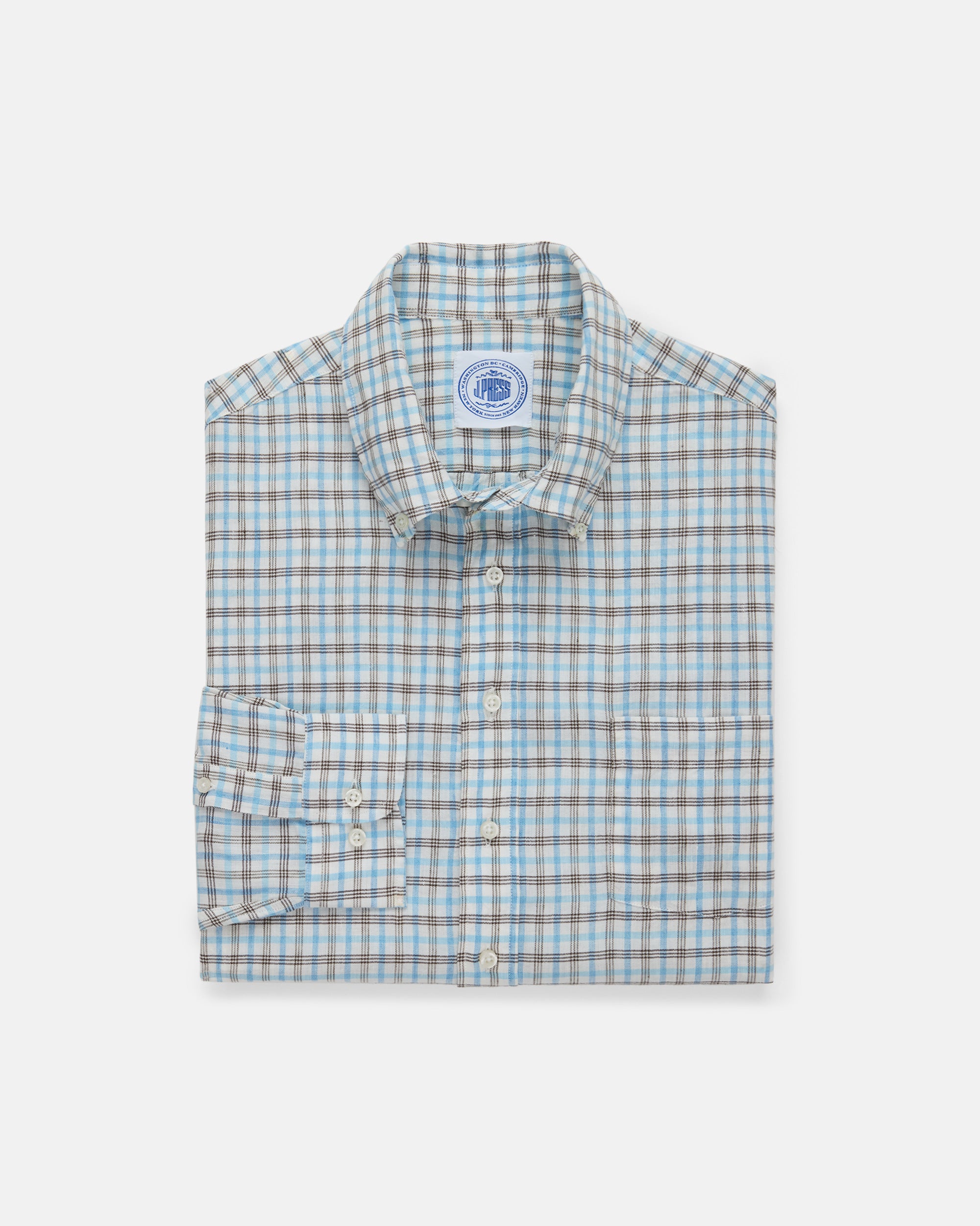 Blue & Brown Plaid Linen/Cotton Sport Shirt - Classic Fit