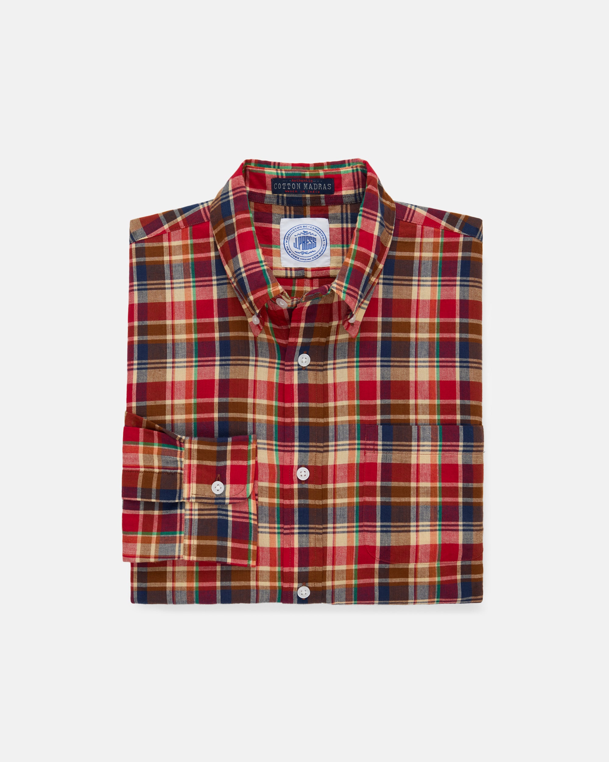 Red, Navy & Tan Madras Button Down Sport Shirt - Classic Fit