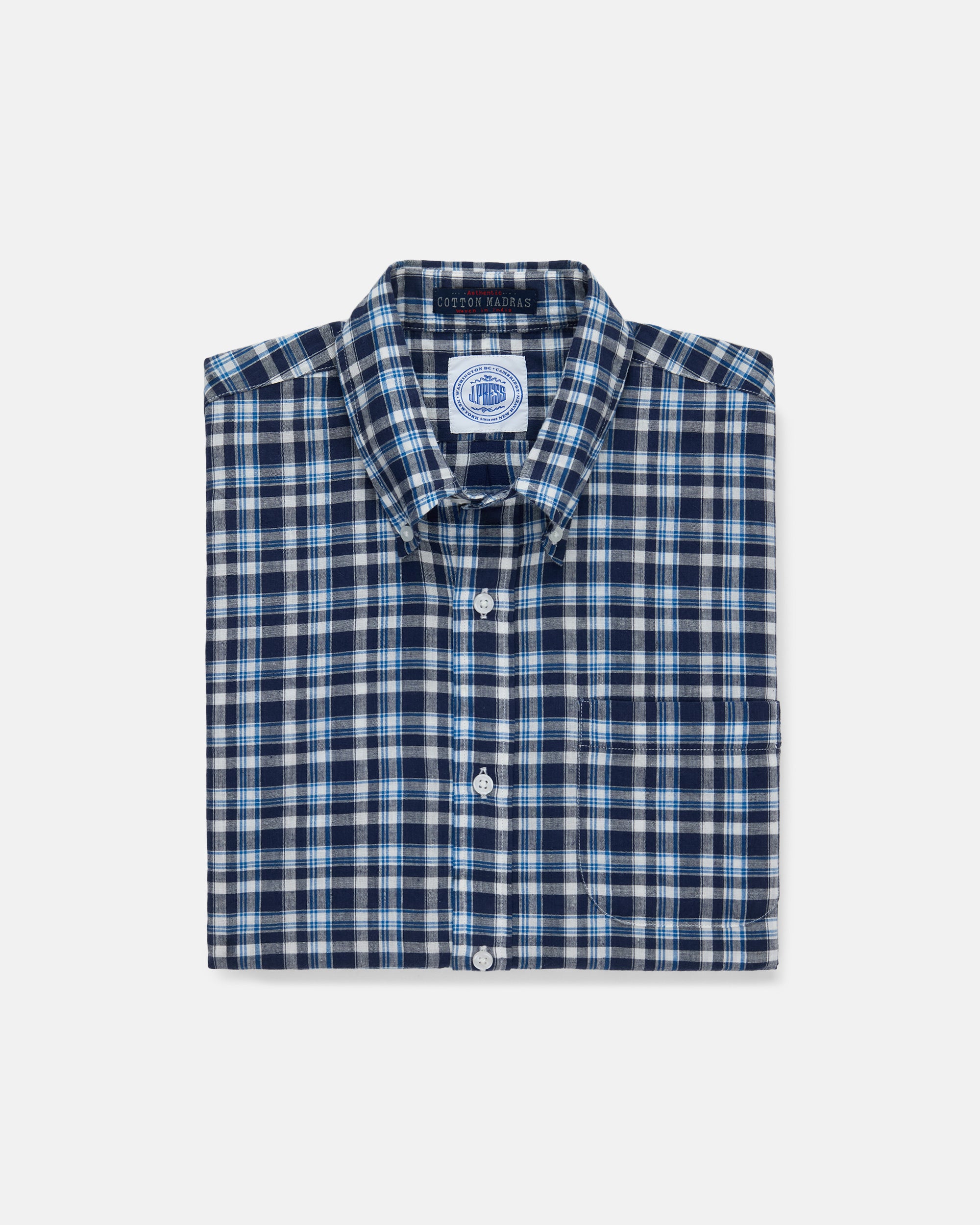Short Sleeve Blue & Navy Madras Button Down Shirt - Classic Fit