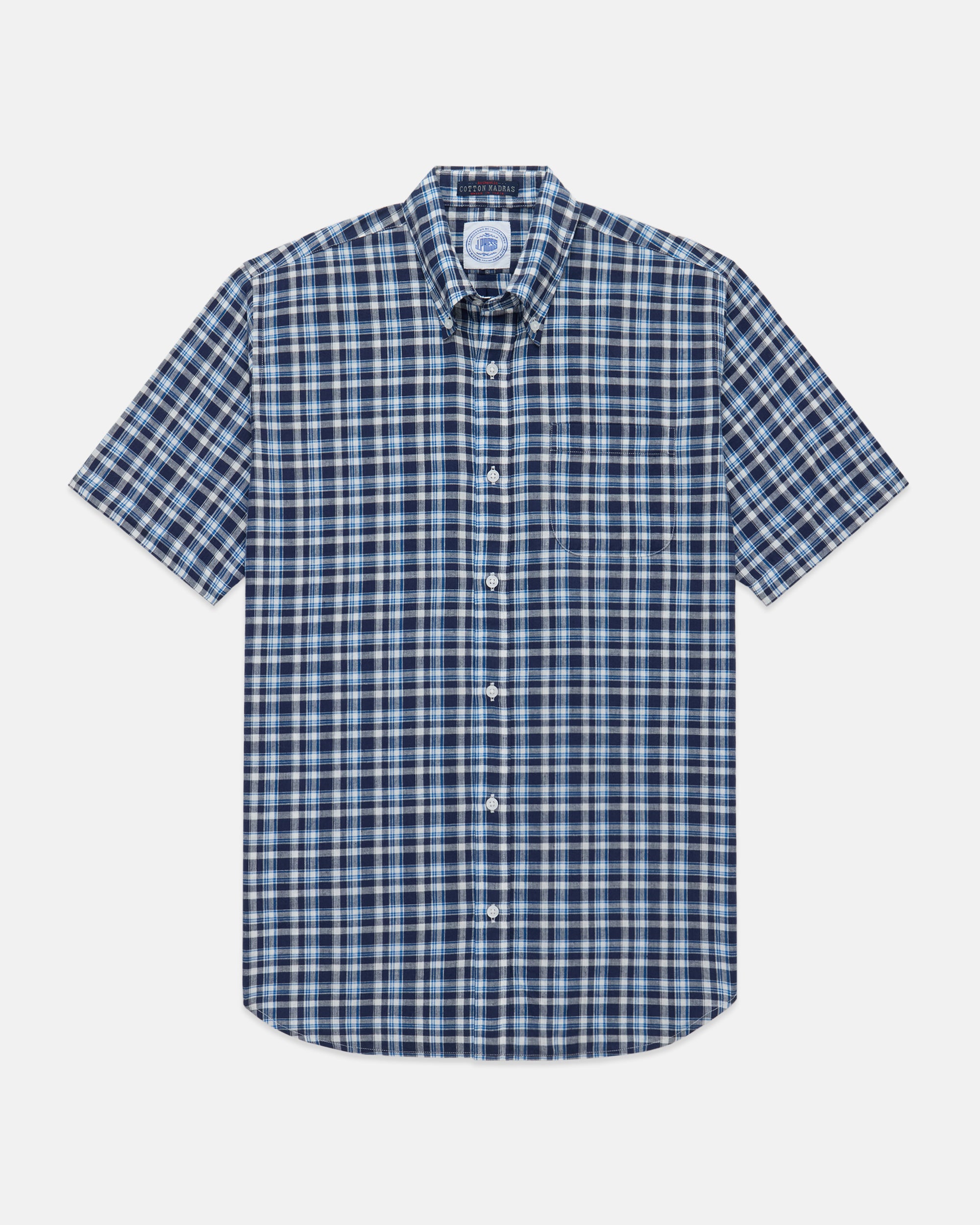 Short Sleeve Blue & Navy Madras Button Down Shirt - Classic Fit