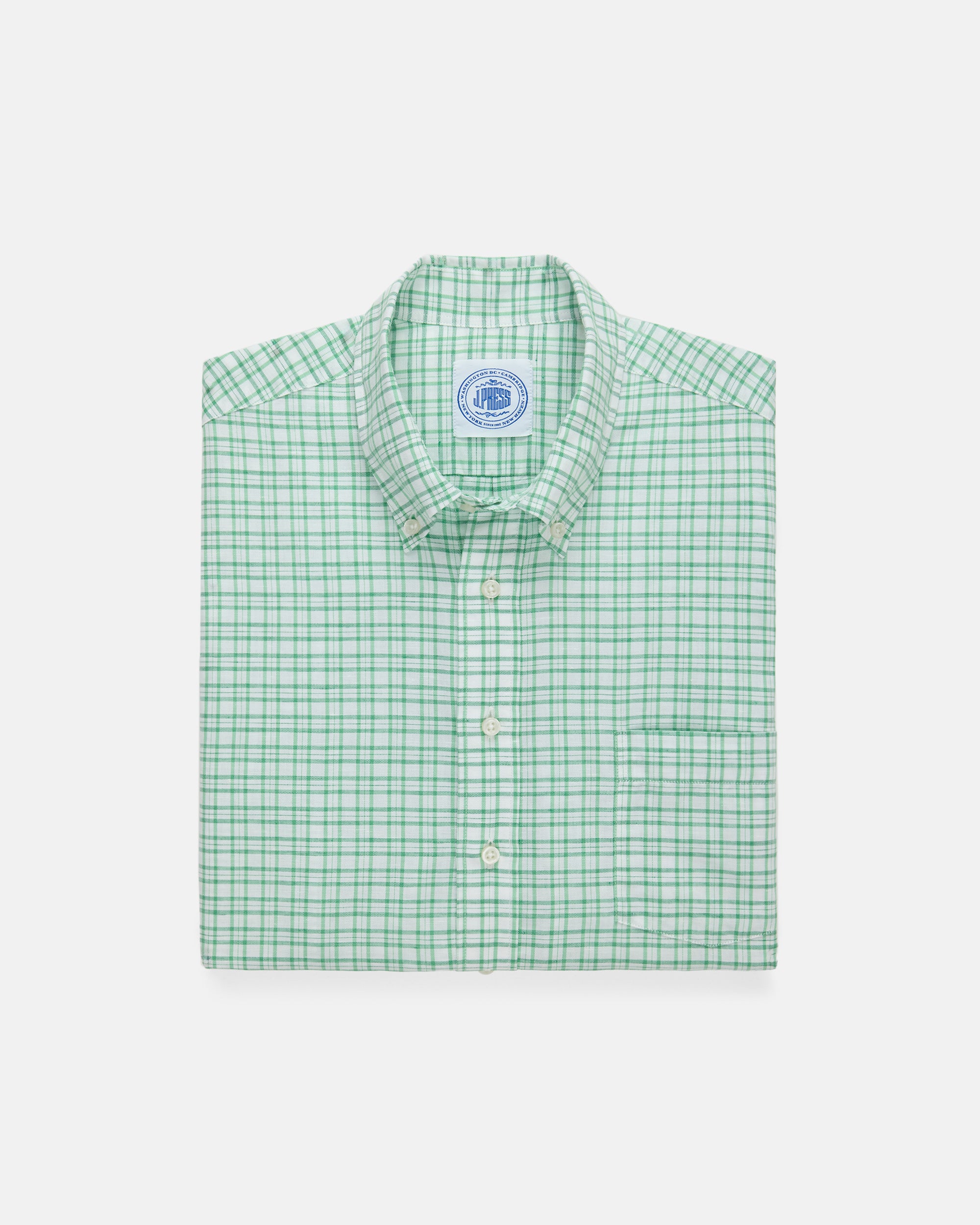 Green Check Cotton/Linen Short Sleeve Sport Shirt - Classic Fit